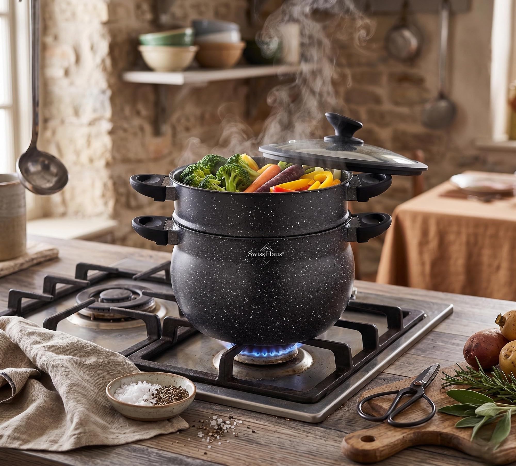 Olla para cuscús Colección Lausanne SH-CCP24M - Apta para todo tipo de cocinas- Revestimiento cerámico antiadherente Sapphire™ - Ø24 cm 9 L - Tapa de silicona, cuerpo cónico