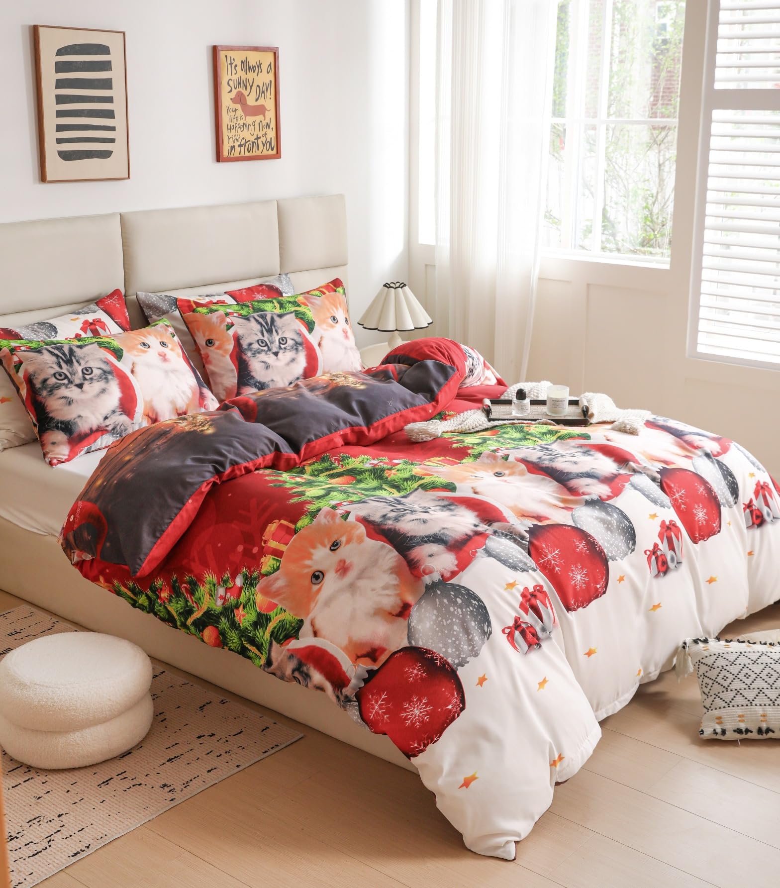 Father Christmas Royal Santa Claus Merry Santa Xmas Duvet Quilt Cover & Pillowcase Bedding Set Multi-Colour Snowman Presents Set Ultra Soft Easy Care, Modern Design (xMas Kitty, Super King) - Image 2