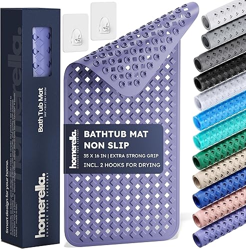 homerella Tapete antideslizante para bañera de 35 x 16 pulgadas, incluye ganchos para secar, extra largo, 100% libre de BPA, tapete de ducha