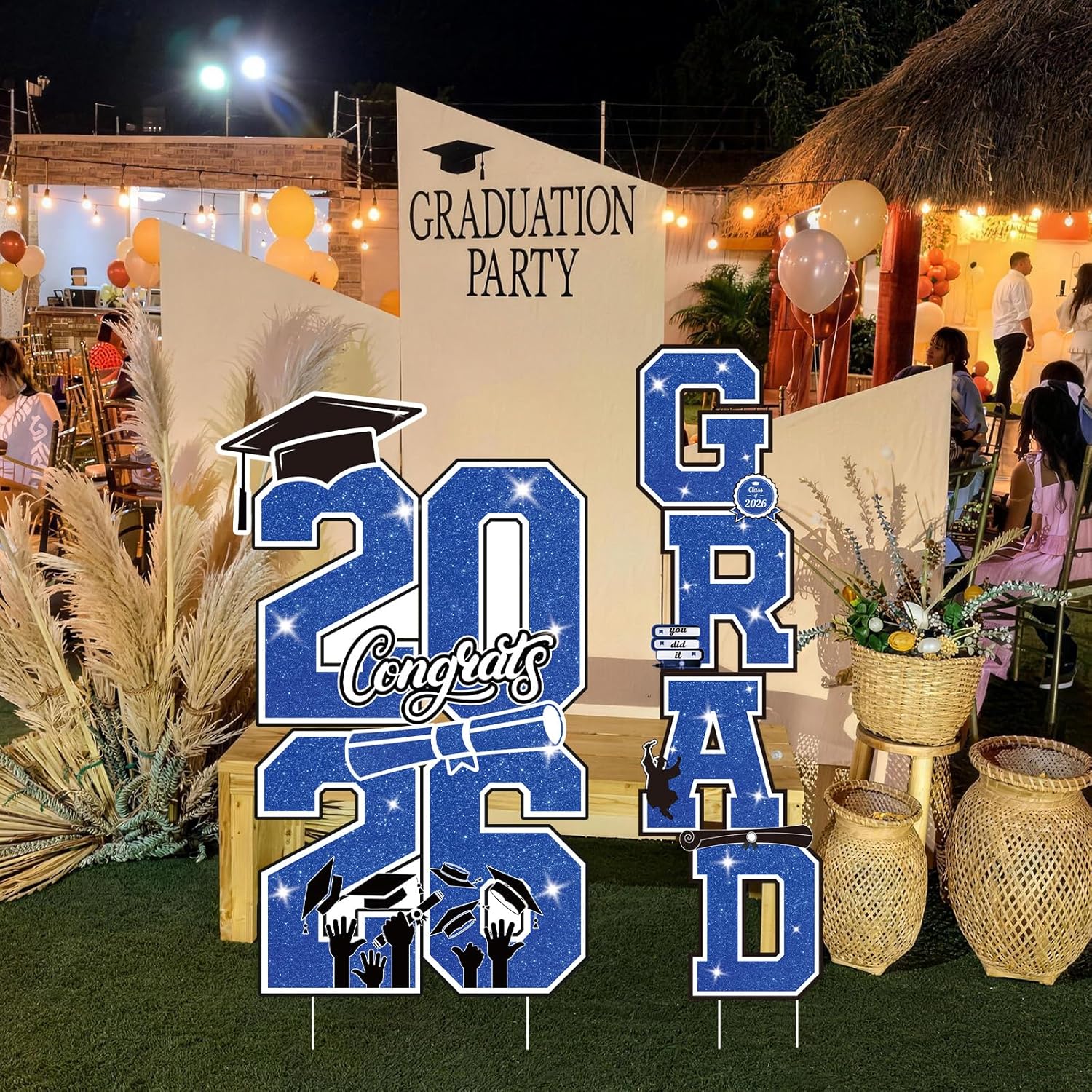 Graduation Yard Sign Class of 2026 Decorations, 4pcs Large Size Blue Black White Congrats Grad 2026 Lawn Yard Sign with Stakes for High School College Indoor Outdoor Graduation Party Decor Supplies