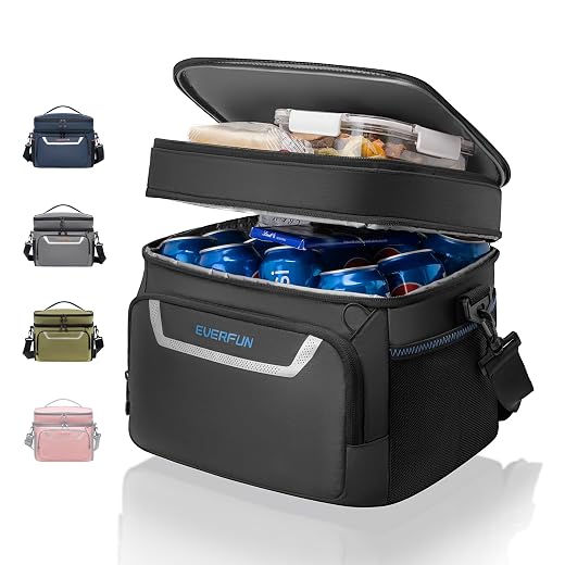 EVERFUN Small Lunch Box Insulated Cooler Bag Mini Cooler 24 Can Soft Sided Lunch Bag for Men Women Ice Chest Double Deck Portable Personal Collapsible Waterproof Leak-Proof for Work Travel Car, Black