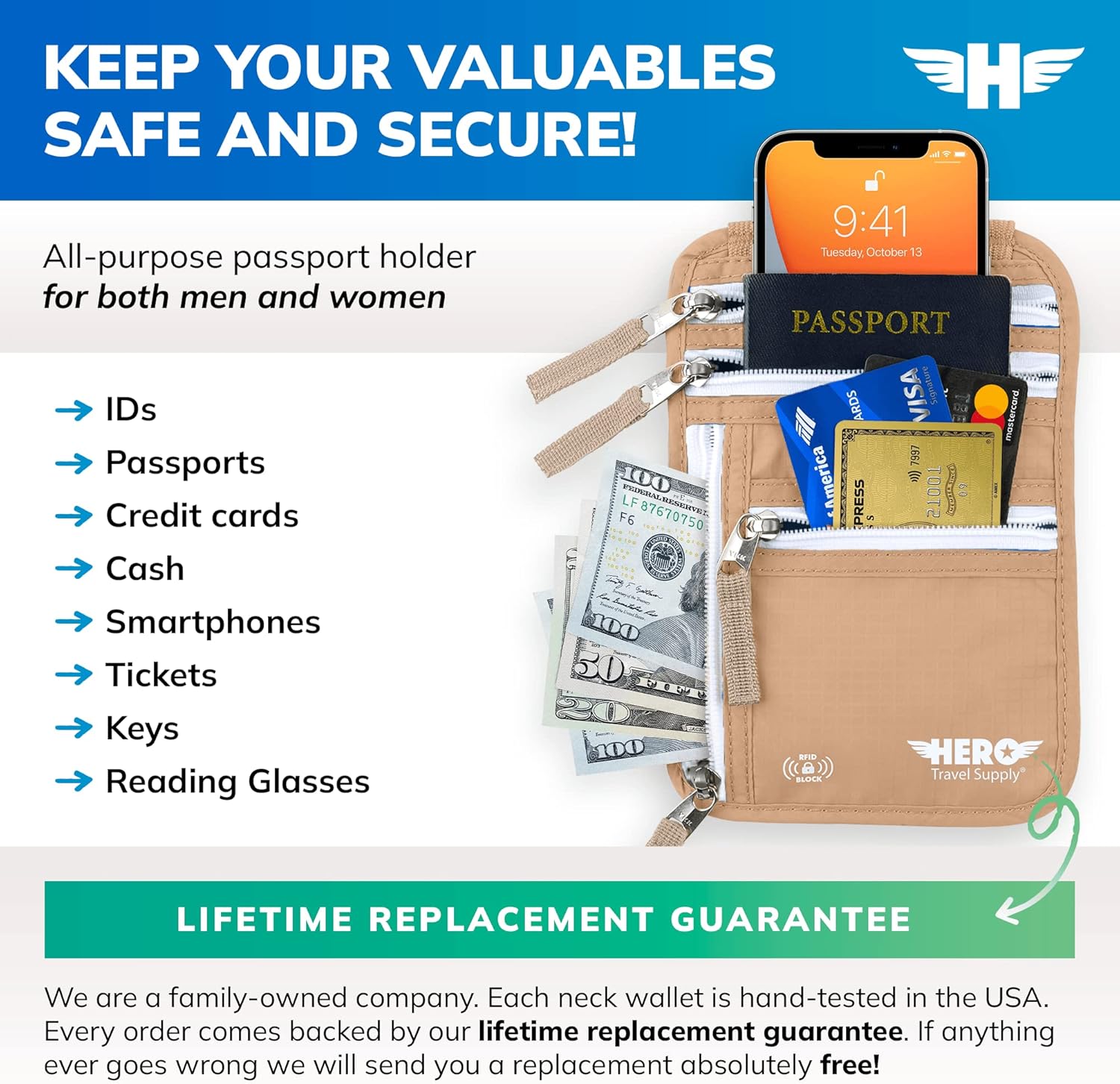 HERO Neck Wallet - RFID Blocking Passport Holder, Easy to Conceal and Pouch - Image 2