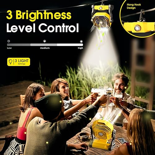 Vista 5 de Ventilador de Camping con Linterna LED, 20000 mAh, 9 Pulgadas, Ventilador Portátil Recargable con Batería con Velocidad Sin Escalones y Negro