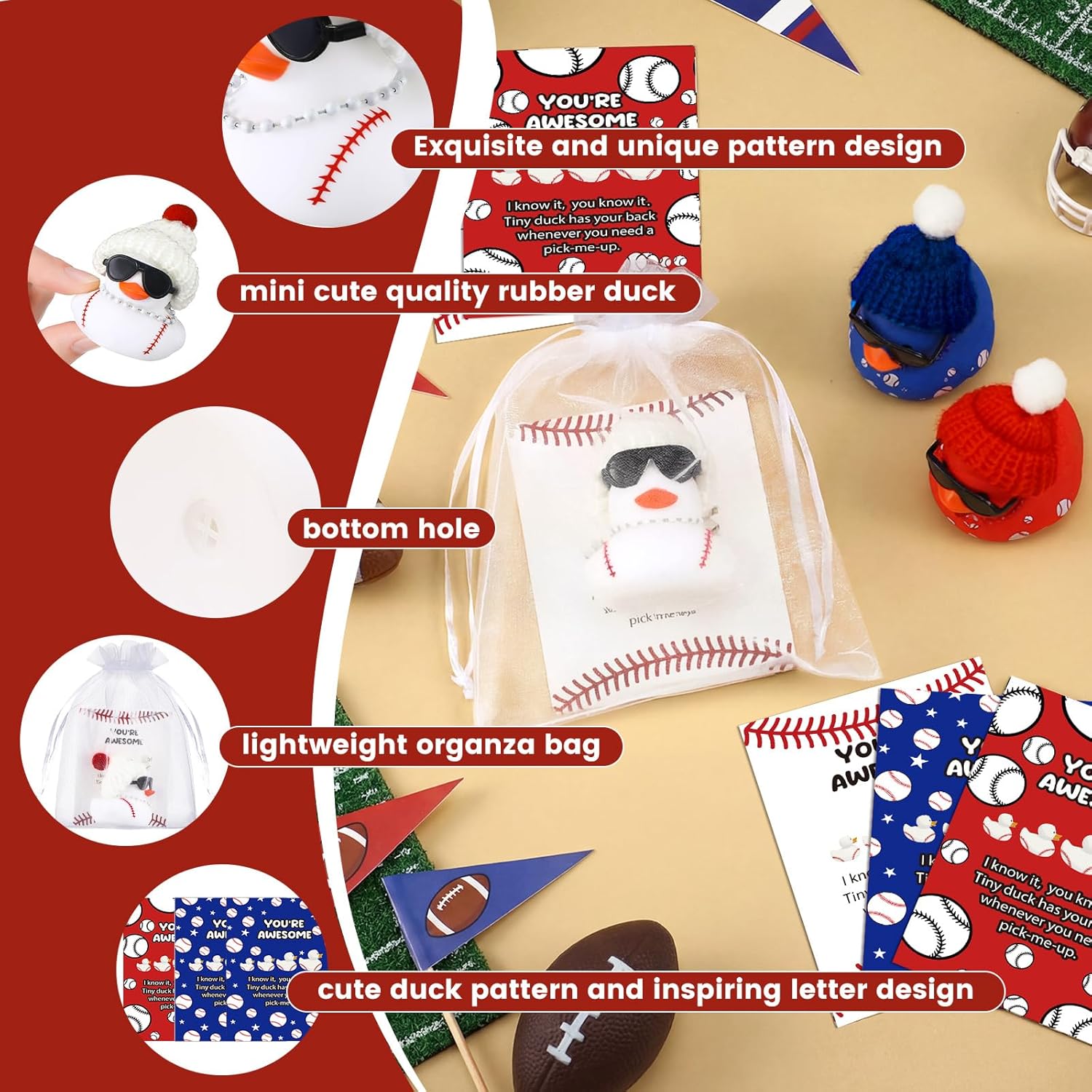 Lunmon 50 Pcs Baseball Rubber Duck for Bath Pool Toy 50 Card 50 Organza Bag 50 Hats 2 Inch Red Blue White Sunglass Baseball Duck for Gift Party Supplies Favor