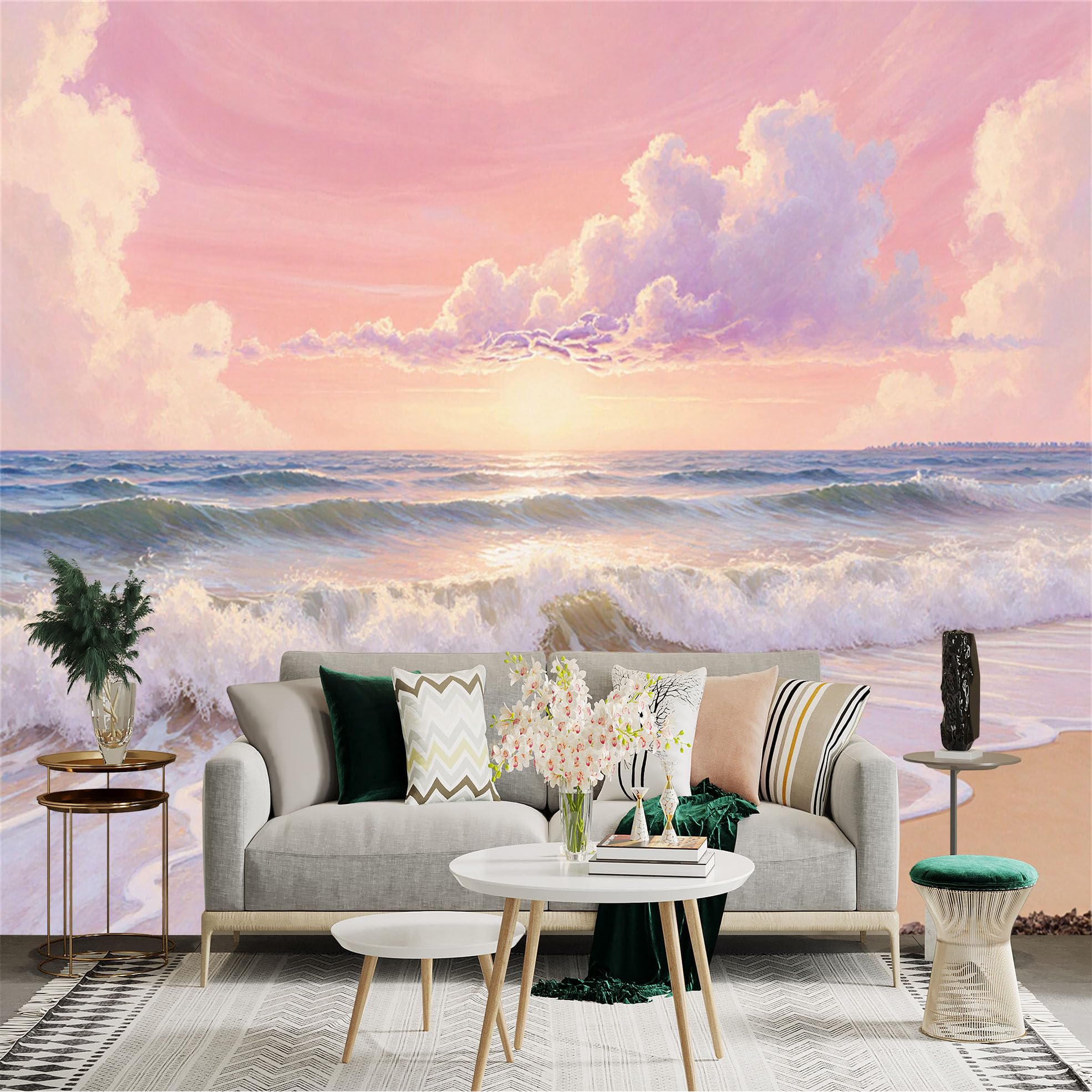 Custom Size Wall Sticker Mural， Pink Sunset Ocean Waves with Sandy Beach and Clouds， for wall Decoration， peelandstick wall Decals.