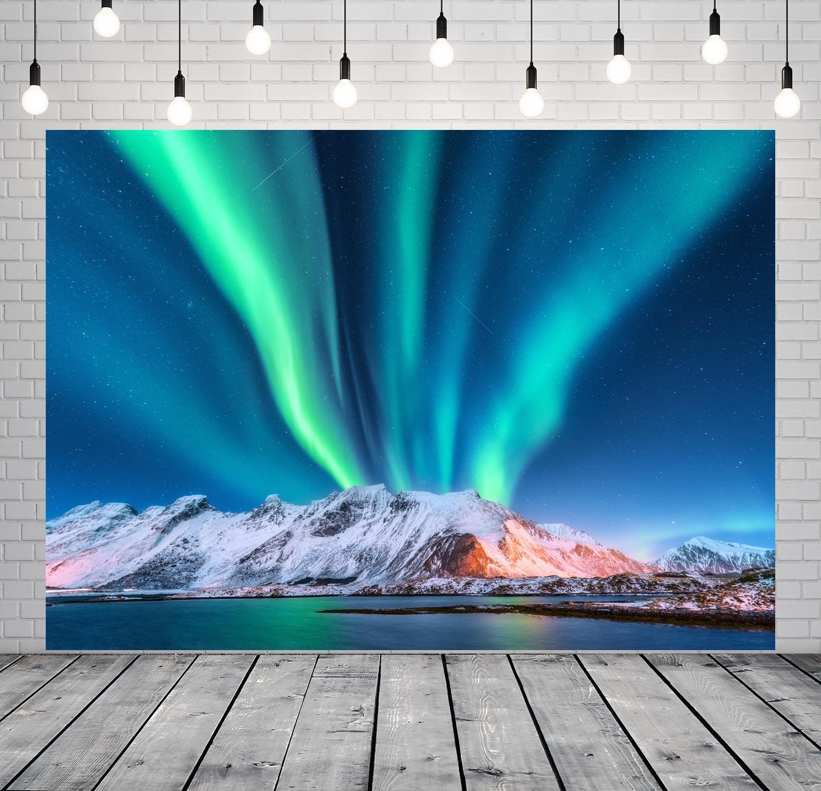 CORFOTO Fabric 10x6.5ft Winter Norway Aurora Backdrop Green Northern Lights Starry Sky Photography Background Norway Polar Lights Snowy Mountains