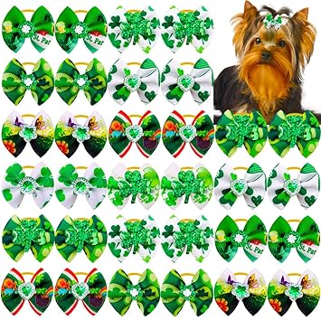 Masue Pets Dog Hair Bows for St. Patrick' s Day 20pcs/10 Piars Dog Rhinestone Bows Lucky Green Clovers Puppy Dog Bows Dog Grooming Accessories