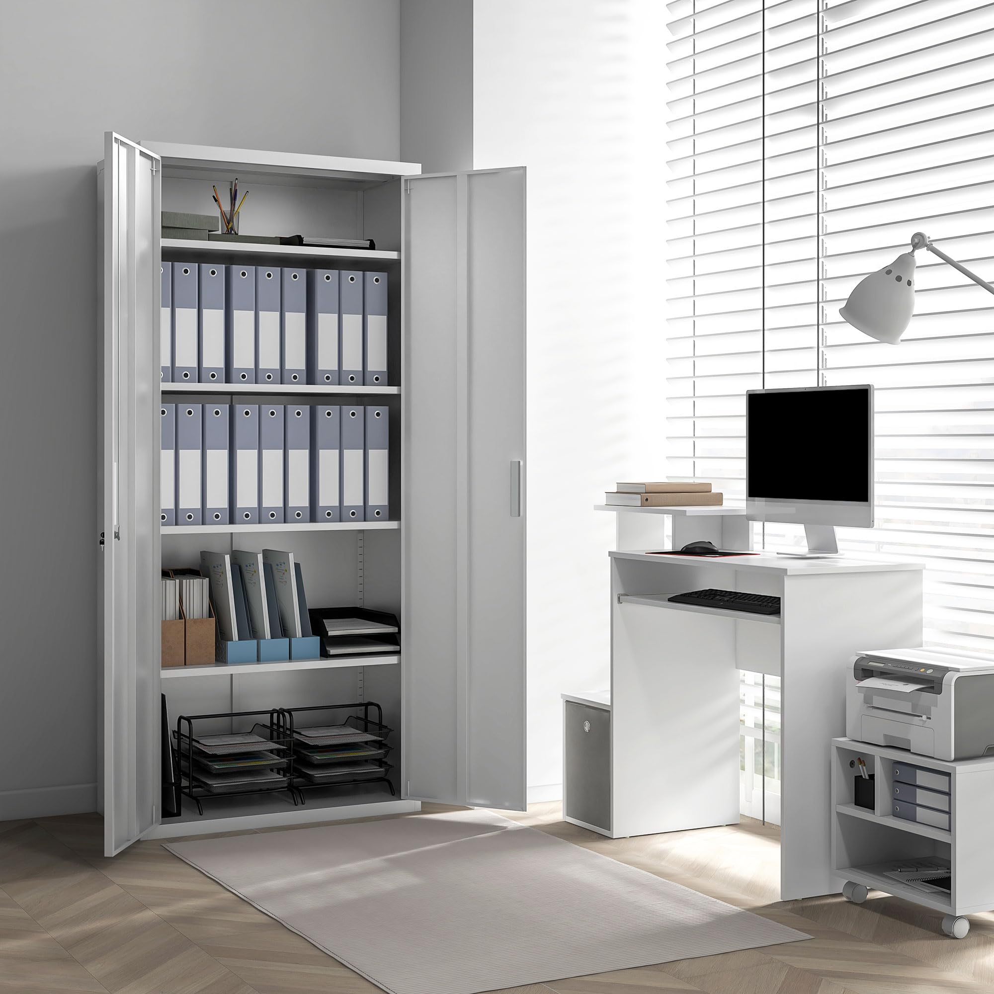 HOMCOM Mueble Archivador de 5 Niveles con Estantes Regulables Cajonera de Oficina Archivador con Llave para Estudio Salón 80x40x180 cm Blanco