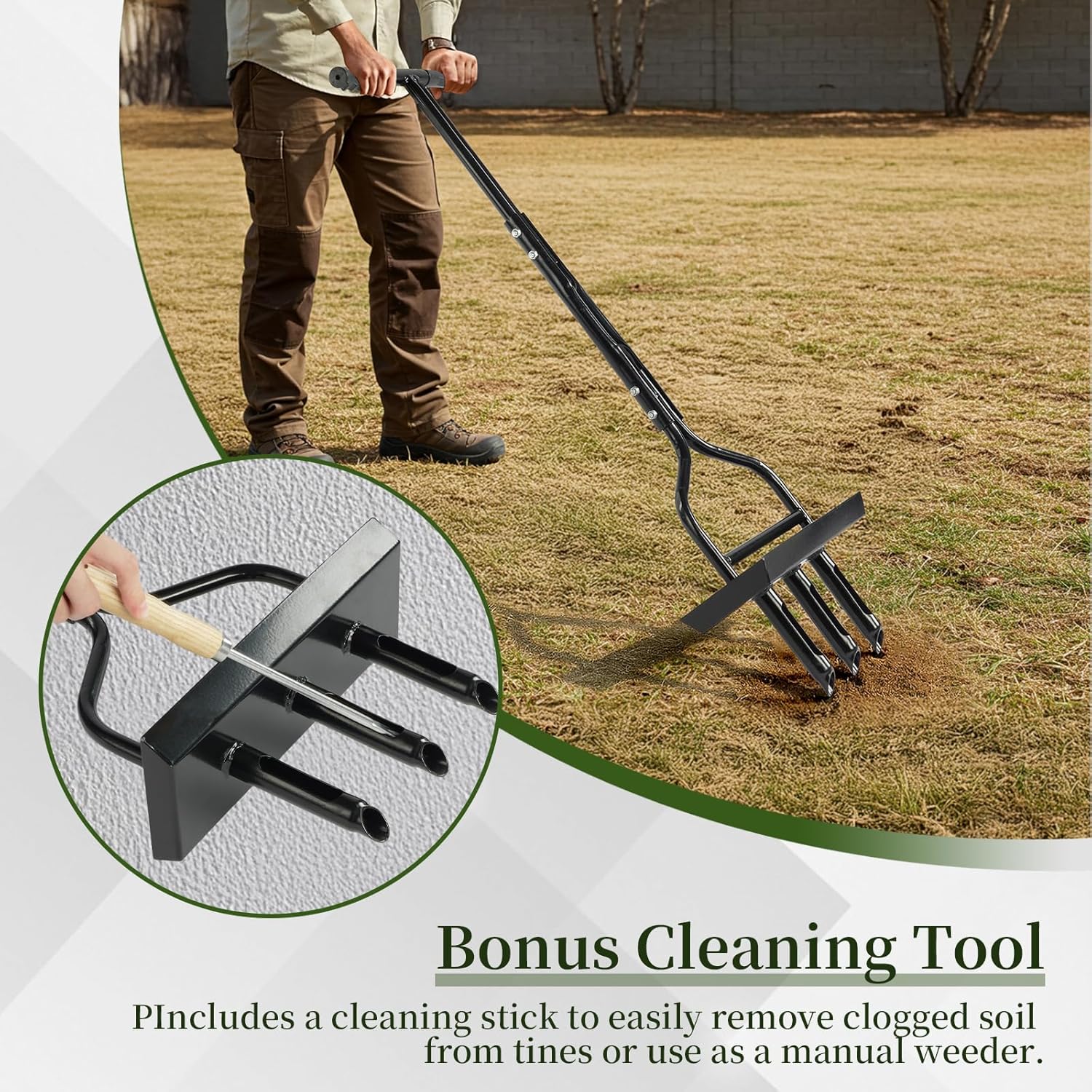 43 Inch Manual Lawn Aerator with Soil Core Tray, Heavy Duty Grass Plug Coring Aerator Tool for Soil Compaction, 3 Sharp Steel Tines, Stand Up Yard Care & Gardening Tool, Includes Cleaning Tool