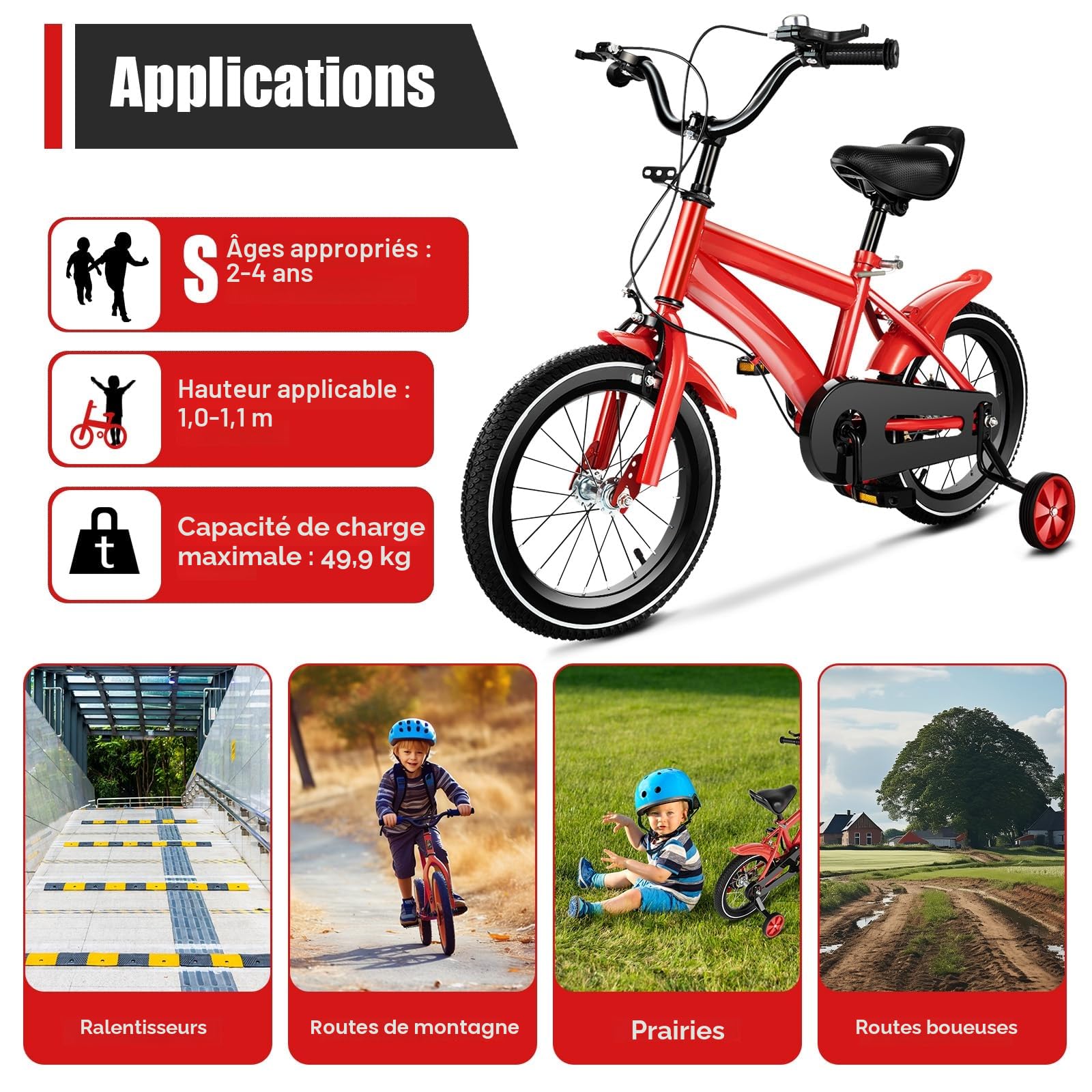 Vélo pour enfant de 3 à 6 ans, vélo avec roues stabilisatrices amovibles, double système de freinage, siège et accoudoirs réglables, plusieurs couleurs