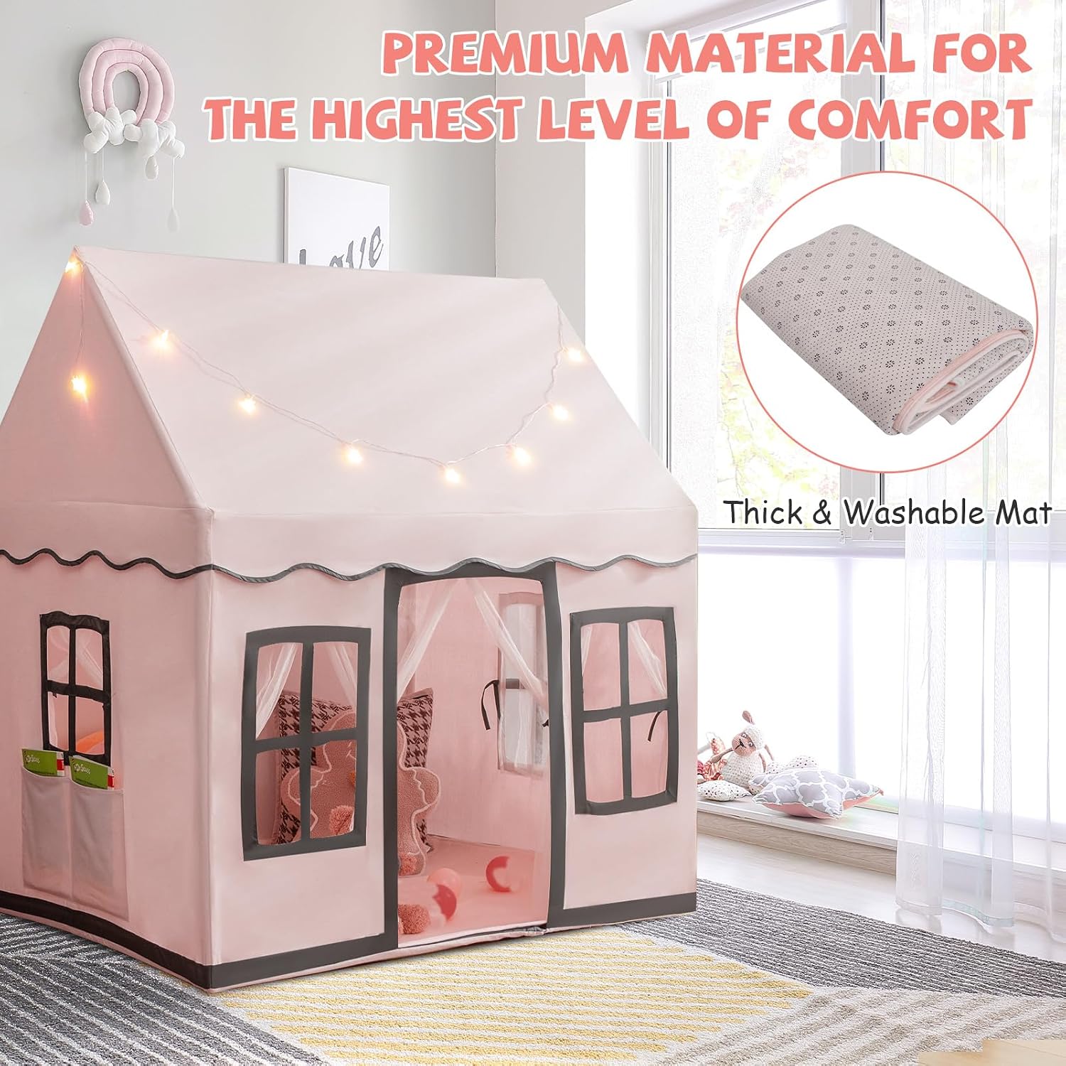 Image showing the play tent with a close-up inset of the thick, washable anti-slip mat.