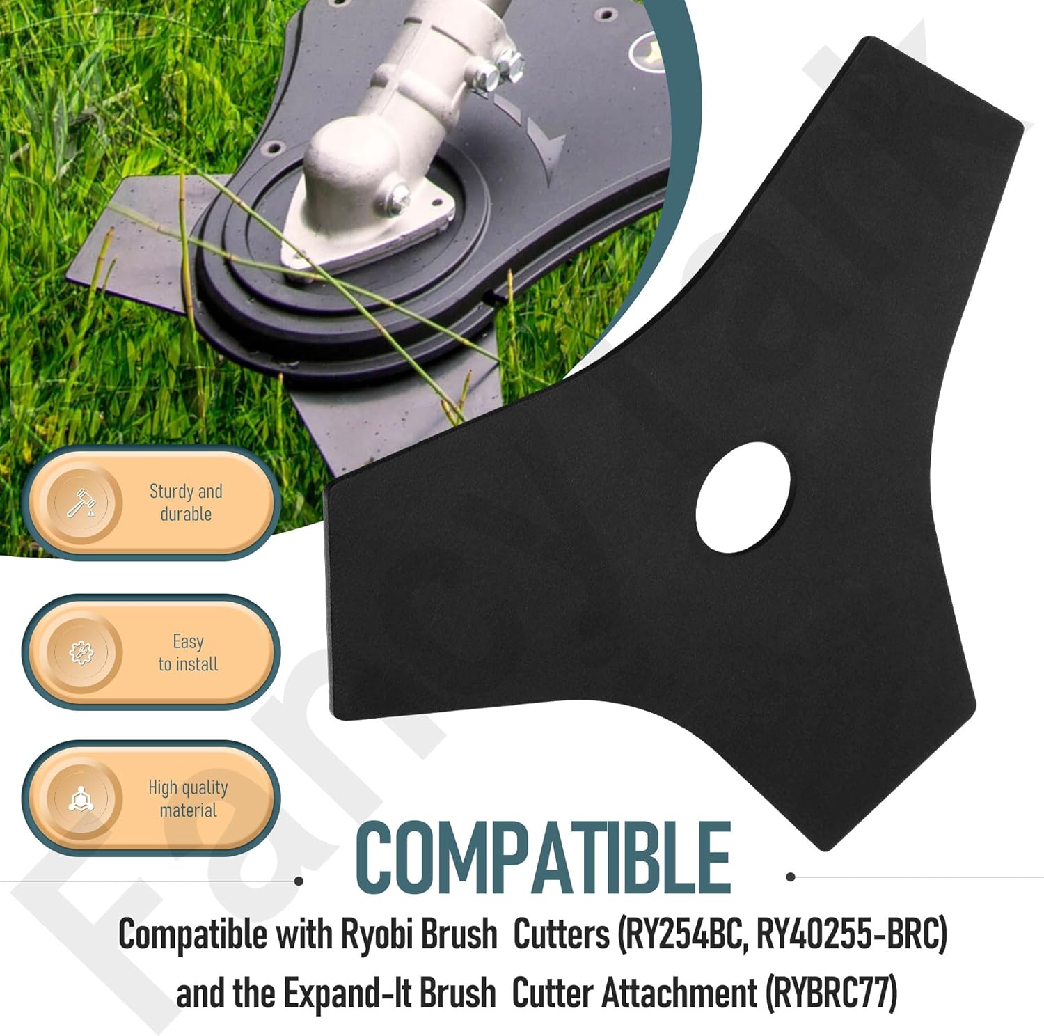 AC04105 8” Replacement Heavy Duty Reversible Steel Tri-Arc Brush Cutting Blade Compatible with Ryobi & Expand-It RY254BC RY40255-BRC RYBRC77 Models, Hardened Steel Cutting Through Brush and Weeds