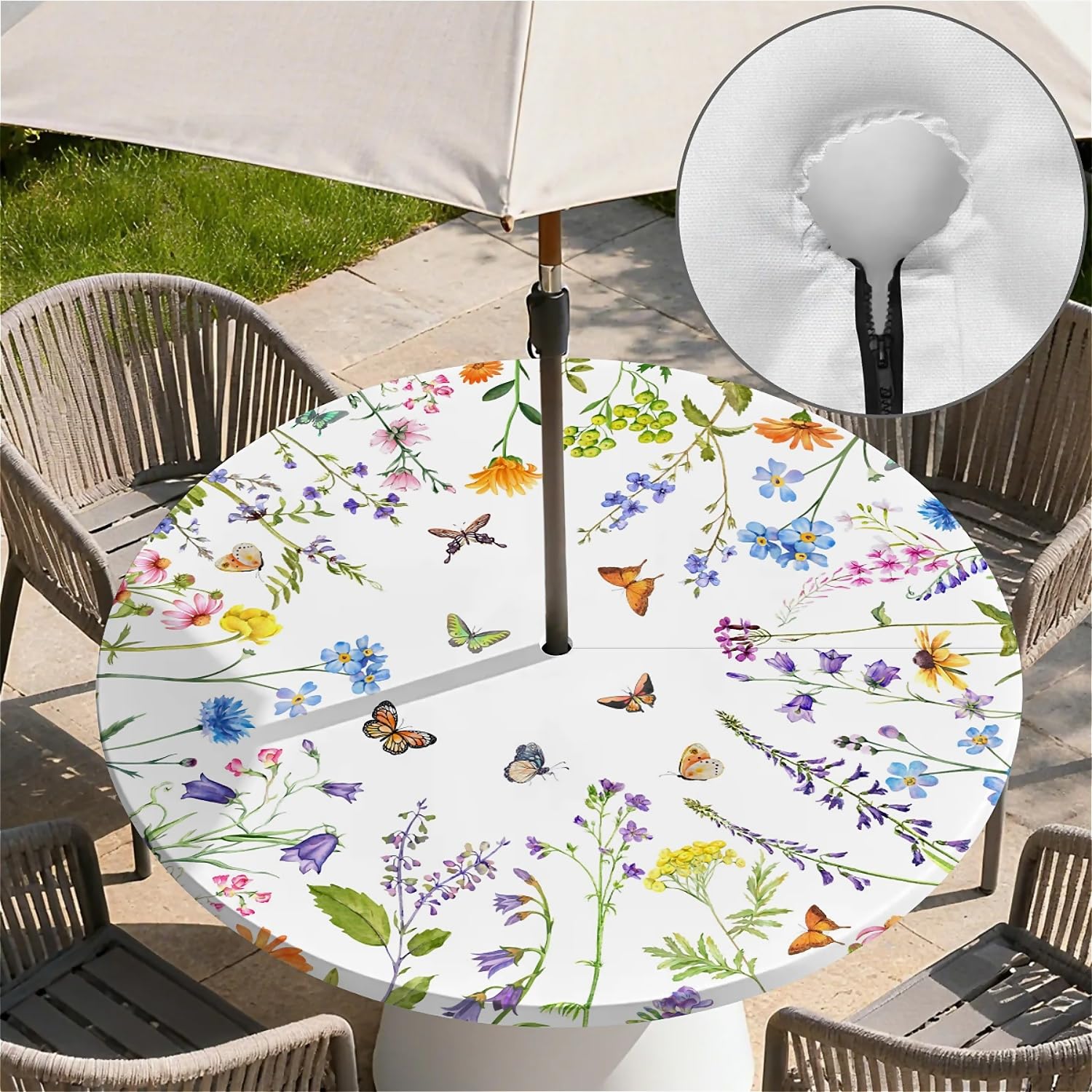 Tovaglia rotonda per esterni con foro per ombrellone e cerniera Fiori di farfalla motivo lavabile e pulibile - tovaglia con bordo elastico per patio, balcone e giardino, Ø 150 cm
