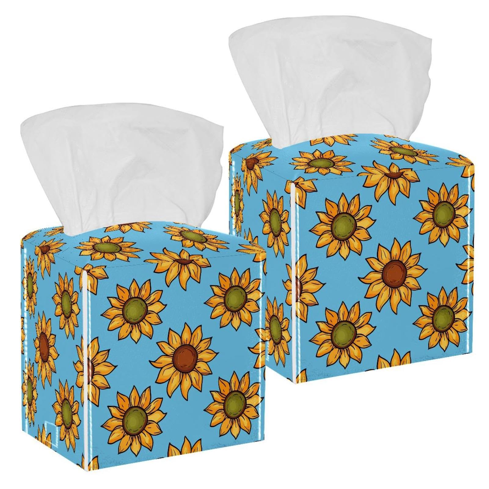 Sunflowers Tissue Box Cover, 2 Pack PU Leather Square Facial Tissue Dispenser Box holder for Home Office Car