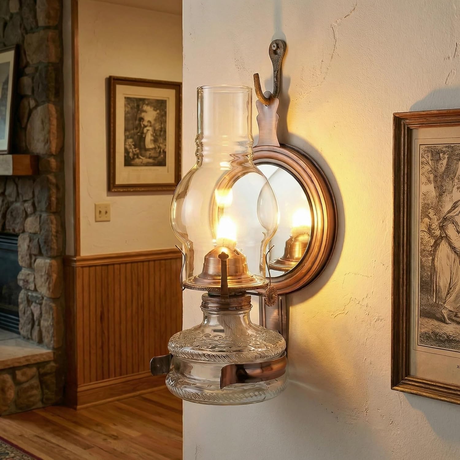 10.24" Vintage Wall Mounted Kerosene Oil Lamp with Glass Chimney & Mirror Chamber, Rustic Farmhouse Hurricane Lantern for Indoor Home Decor & Emergency Lighting (Single Pack)(Red Bronze)