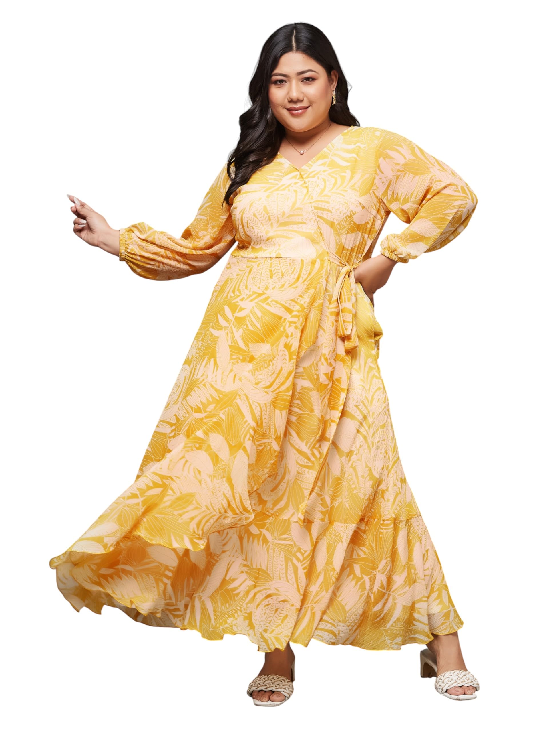 miss chase a+ Women's Floral Wrap Chiffon Maxi Dress with Flutter Sleeves Frilled Hem-picture-38