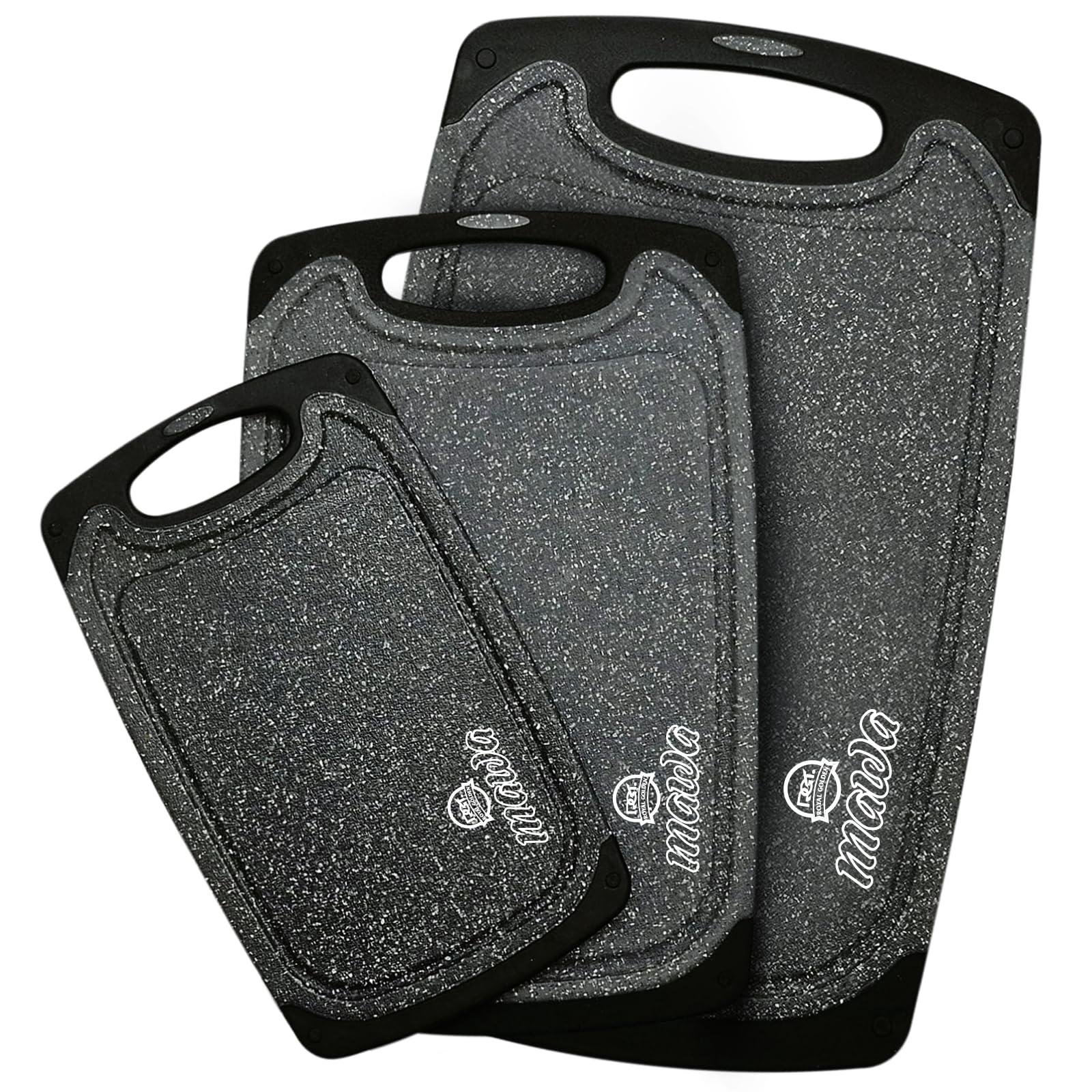 Mawa 3 Piece Cutting Board Set | Chopping Board Set for Kitchen | Non-Slip Design with Grind Function, Easy Grip Handle, Juice Grooves | Black