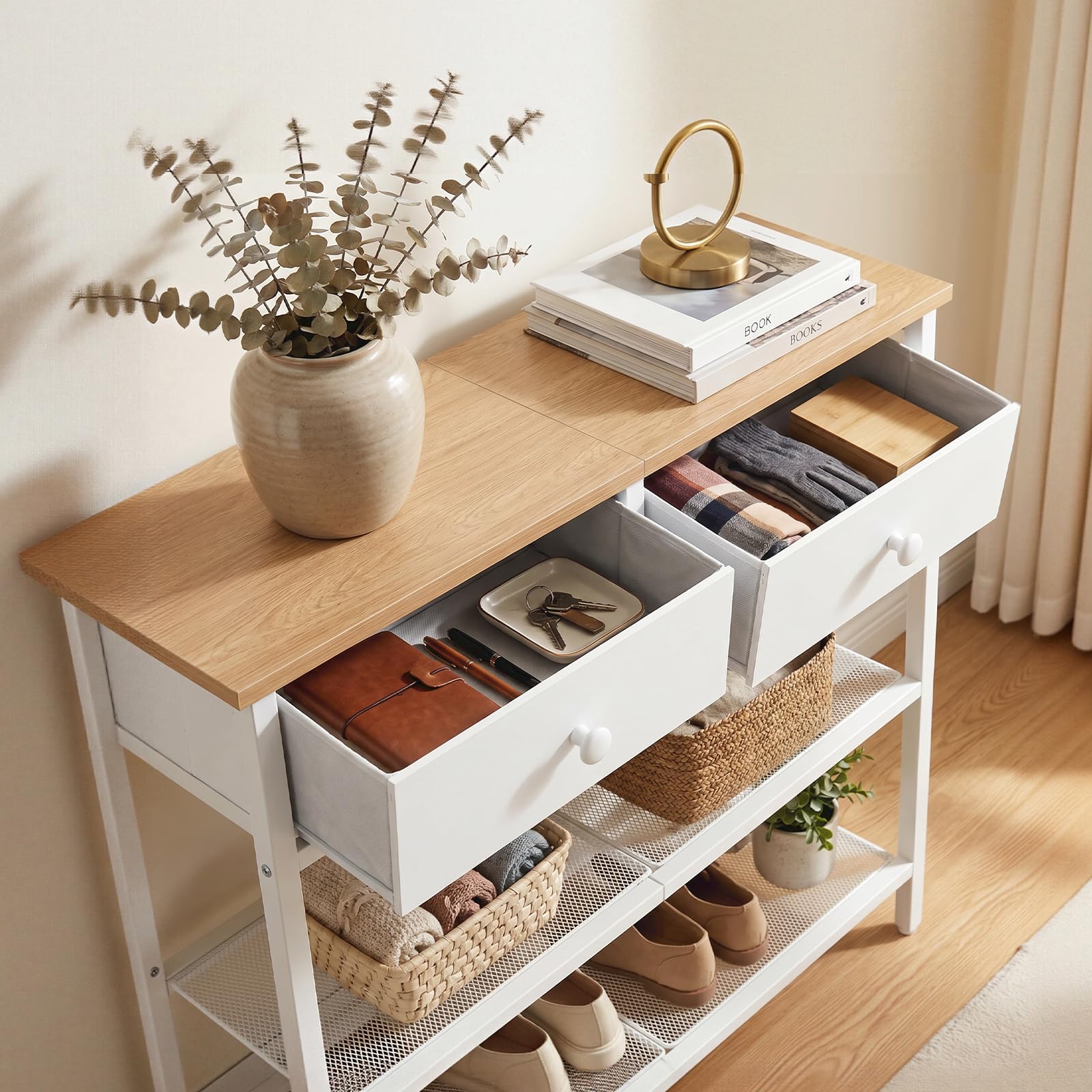 HOOBRO Mesa de Entrada de 75 cm de Largo, Mesa de Sofá de Estilo Industrial con Dos Cajones de Tejido no Textil, Consola con 3 Estantes, Dormitorio, Blanco y Color Madera Natural EWW72XG01G1