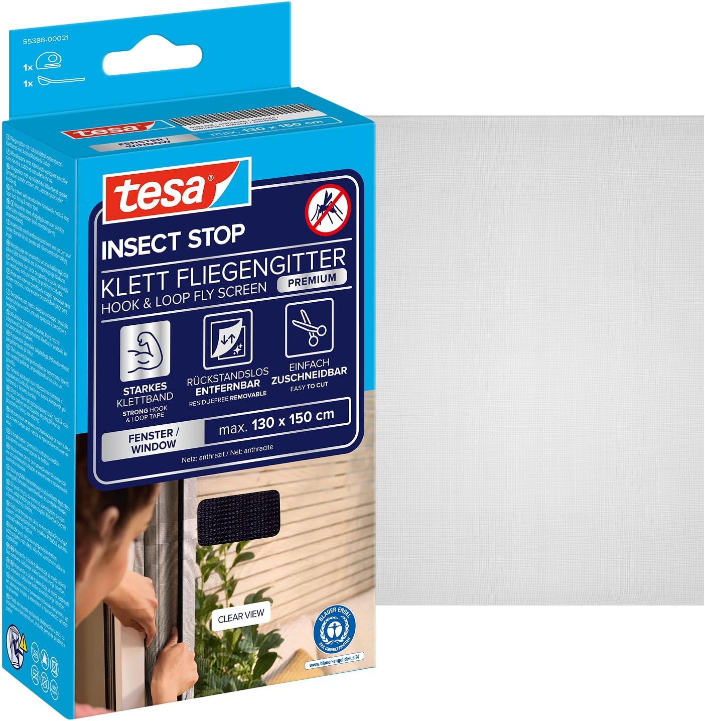 tesa INSECT STOP H&L Fly Screen Premium for Windows, insect screen with strong hook & loop tape, remove without leaving residue, cut to size - 130 cm x 150 cm - Anthracite (Transparent)