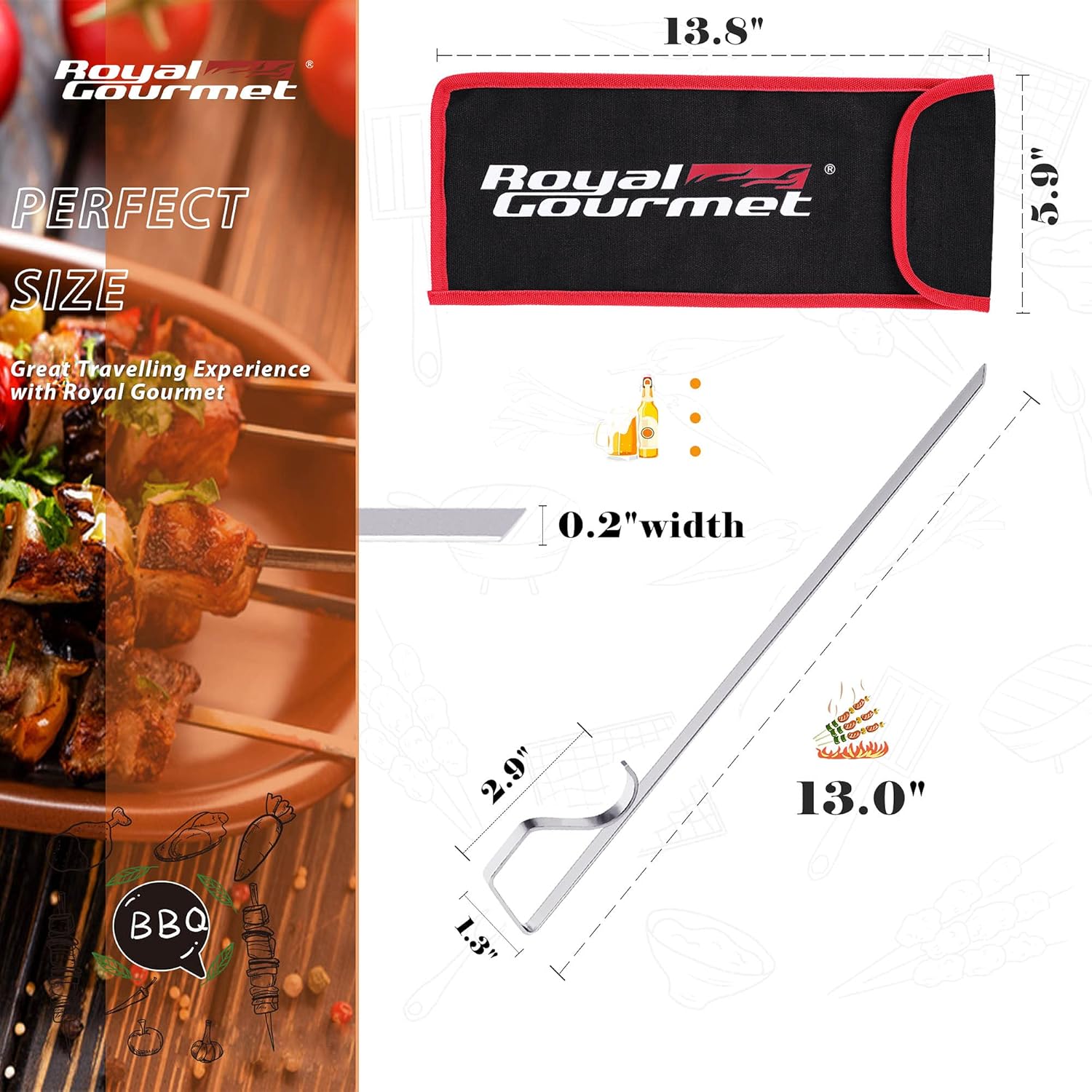 Royal Gourmet BBQ Bundle: 8-Burner 104,000 BTU Gas Grill with 12-Piece 13 Inch Stainless Steel Kebab Skewers and Storage Pouch