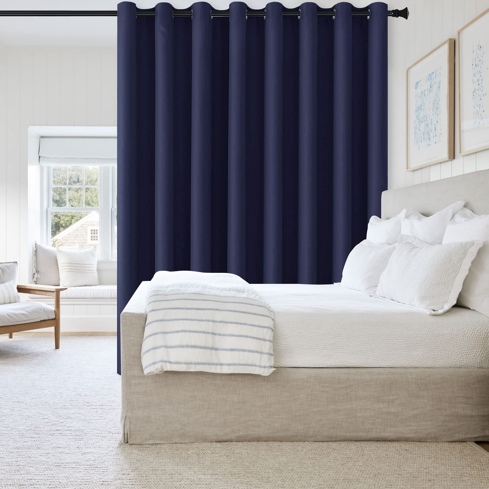 DWCN Total Privacy Room Divider Blackout Curtain - Thermal Curtains for Patio Door, Living Room, Bedroom Partition and Shared Office Space, 1 Grommet Curtain Panel, 15ft Wide x 8ft Tall, Navy Blue โ image 1