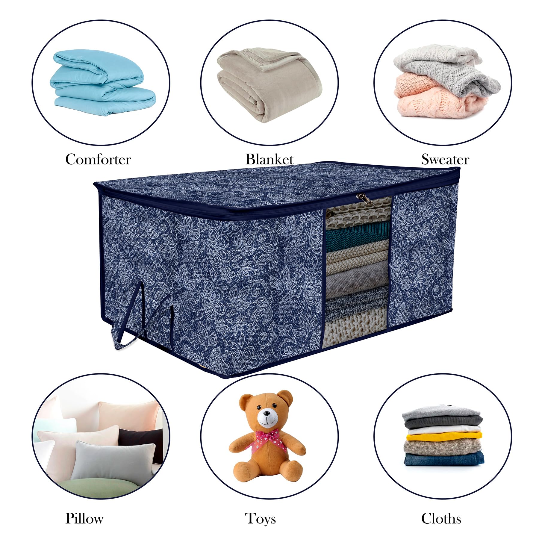 Kuber Industries Unterbett-Aufbewahrungstasche, Kleideraufbewahrung, Organizer, Sichtfenster, Schrank-Organisation mit Griff, Blumendruck-Aufbewahrungstasche, 6 Stück, Marineblau