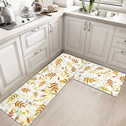 Miniatura 5 de SHACOS Tapete de cocina antifatiga para otoño, 2 piezas, hojas de color naranja otoñal, hojas de arce, antideslizantes, acolchadas, alfombrillas
