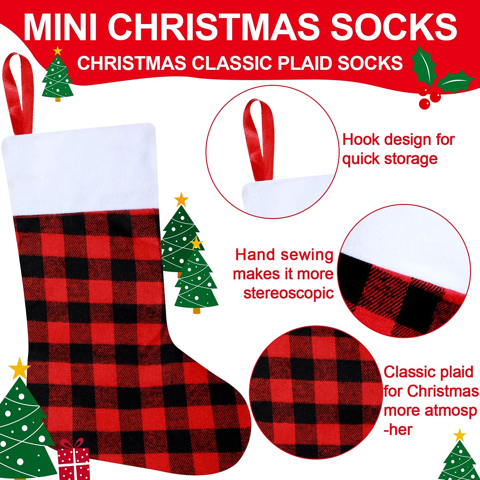 Skylety Lot de 24 mini chaussettes de Noël en vrac à motif écossais - Décorations à suspendre pour fêtes de fin d'année (rouge et noir, classique)