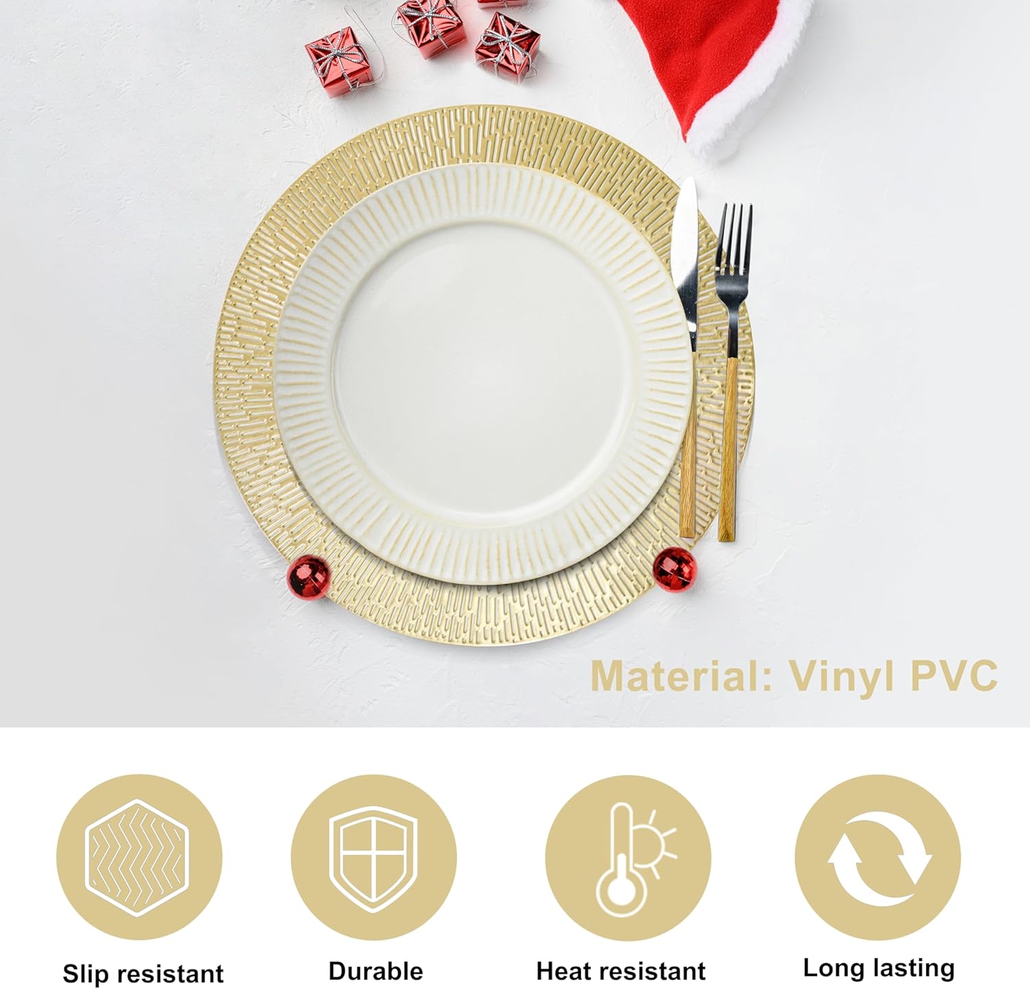 Snowkingdom Gold Placemats Set of 18, 15 Inch Round Vinyl Metallic Place mats, Golden Washable Easy Clean Wipeable Non Slip Stain Resistant Kitchen Dining Table Mats for Halloween Party Decoration