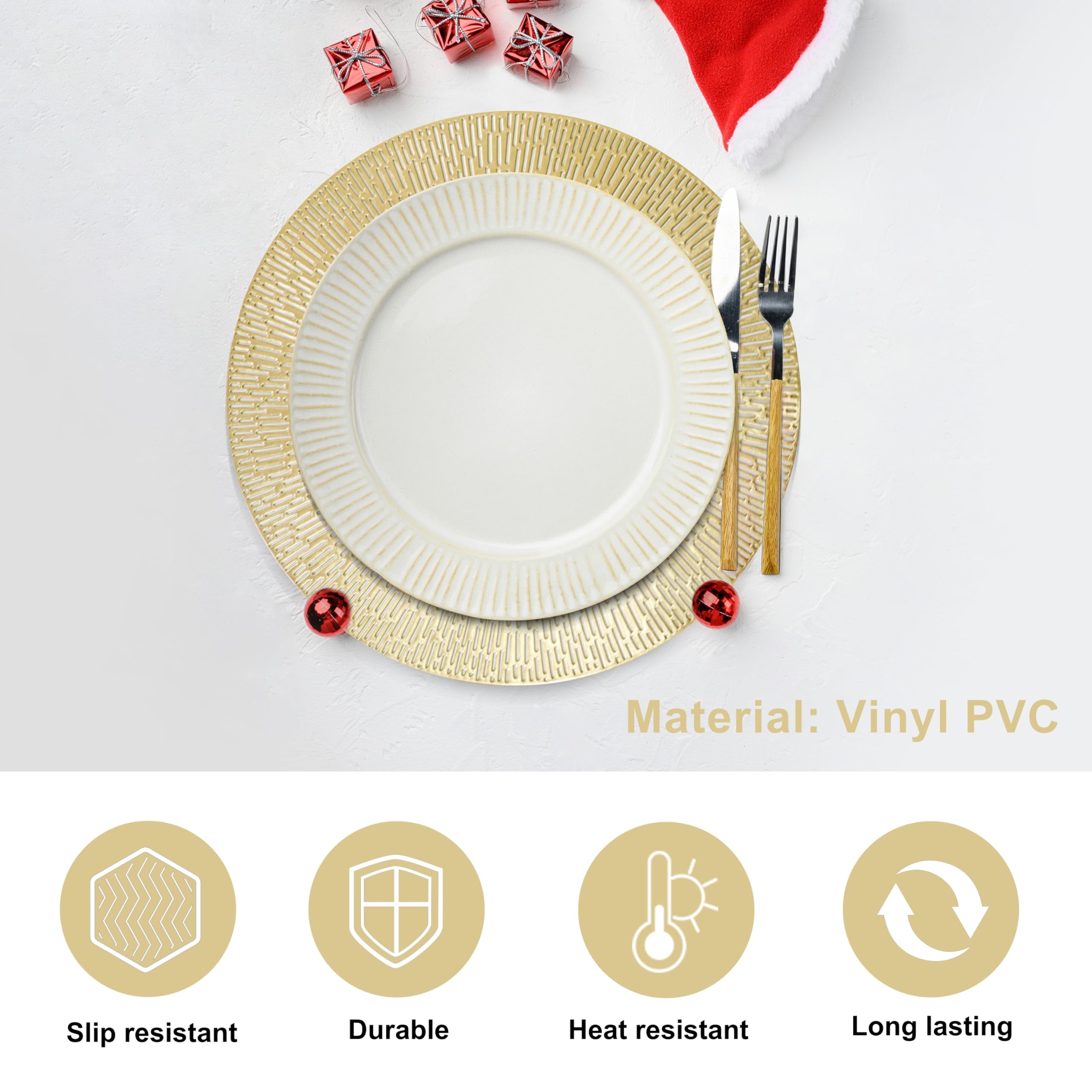 Snowkingdom, runde Hohle Tischsets aus Vinyl in Metalloptik, golden, 38,1 cm, waschbar, pflegeleicht, abwischbar, rutschfest, fleckabweisend, hitzebeständig, für Hochzeit, Party, Dekoration, 18 Stück
