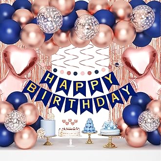 Navy Blue Rose Gold Happy Birthday Decorations Kit, Rose Gold Balloons Birthday Party Supplies for Women Girls Men, Happy Birthday Banner, Circle Dot Garland, Fringe Curtains, Latex Confetti Balloons