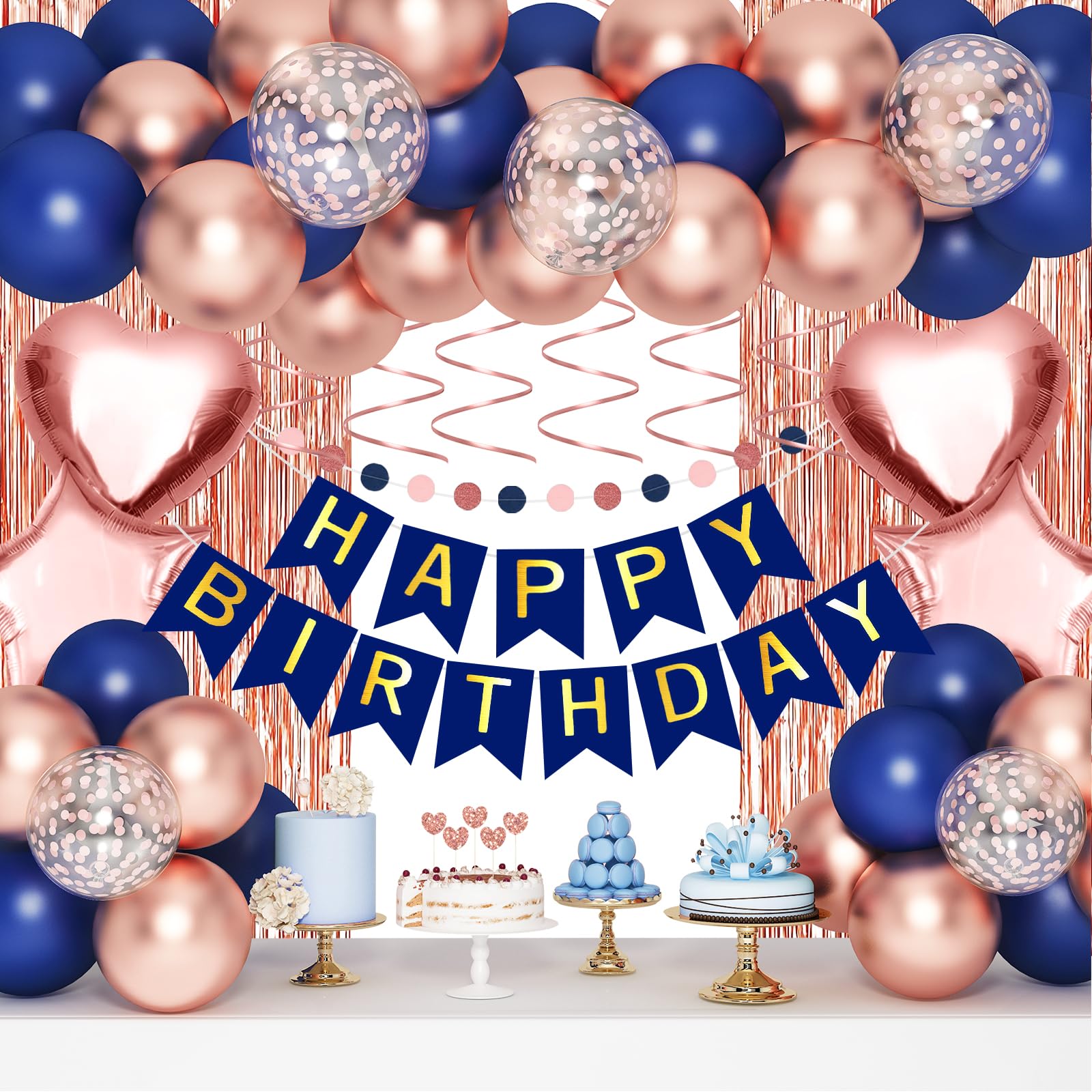 Navy Blue Rose Gold Happy Birthday Decorations Kit, Rose Gold Balloons Birthday Party Supplies for Women Girls Men, Happy Birthday Banner, Circle Dot Garland, Fringe Curtains, Latex Confetti Balloons