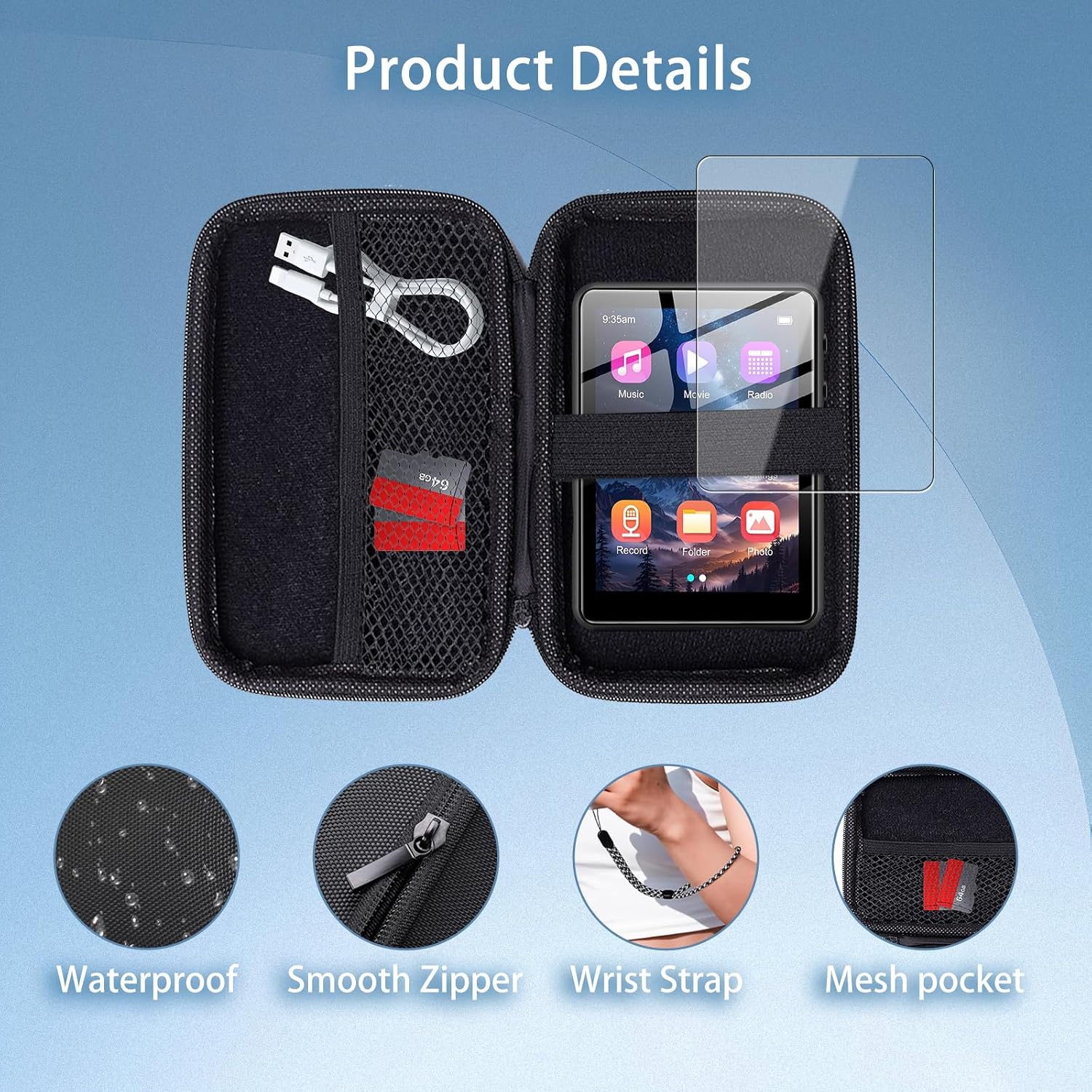 Carrying Case for SWOFY M4 MP3 with 2 Pack Soft Screen Protectors - Hard Shell Protective Carrying Case, Portable Travel Storage Bag with Carabiner | Anti-scrathes&Shockproof