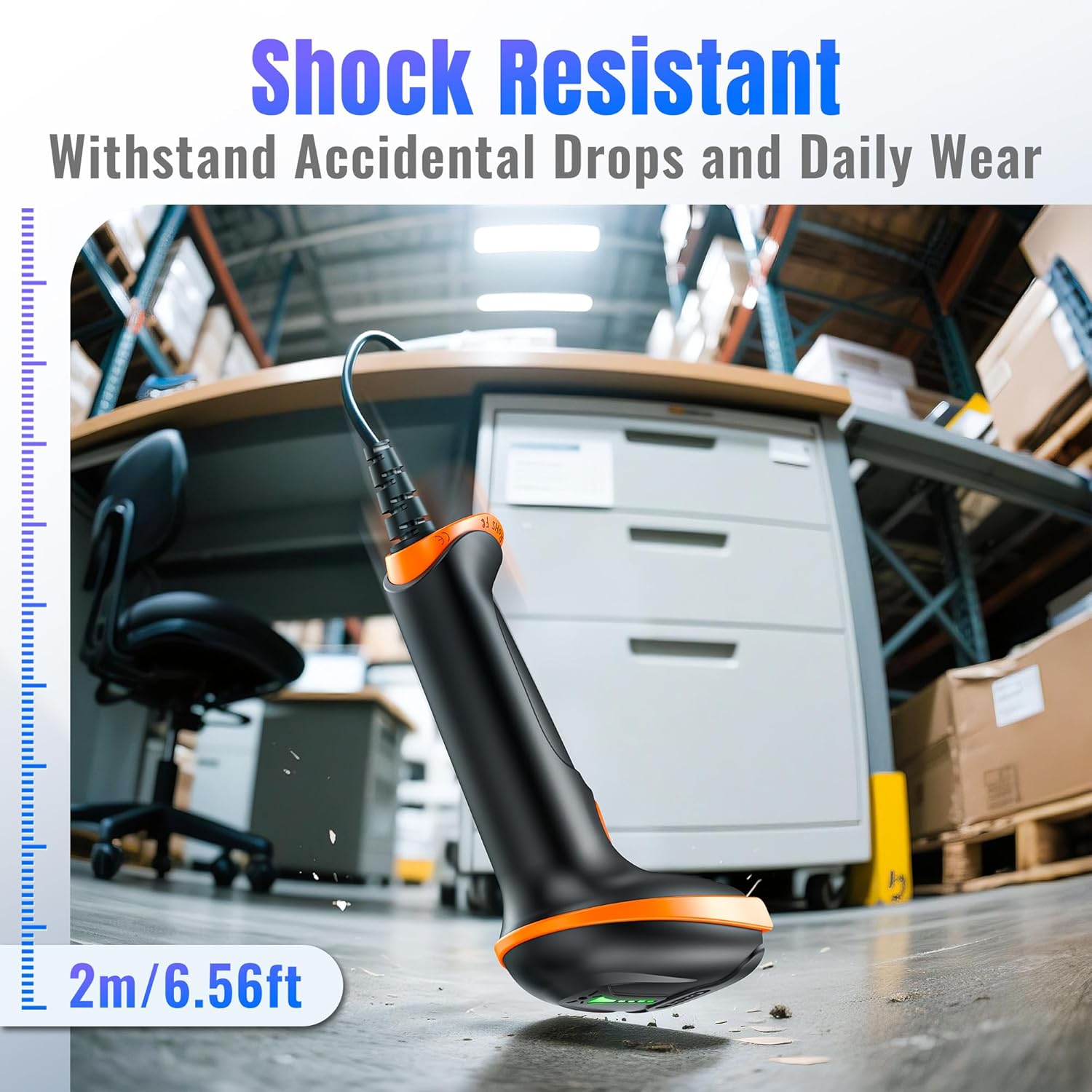 Tera D5100Y barcode scanner falling from a height, demonstrating its shock-resistant design.