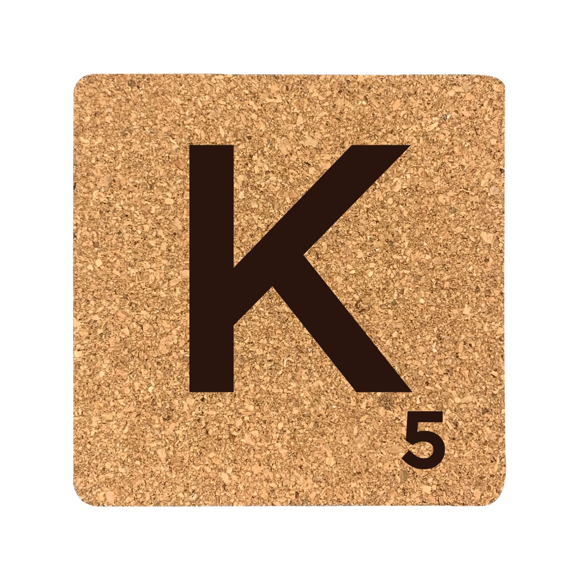 eBuyGB Scrabble Drinks Coasters, Square Cork Coaster, Individual Alphabet Letters, Scrabble Tiles with Score Marks - Personalise Your Own Scrabble Words (K)
