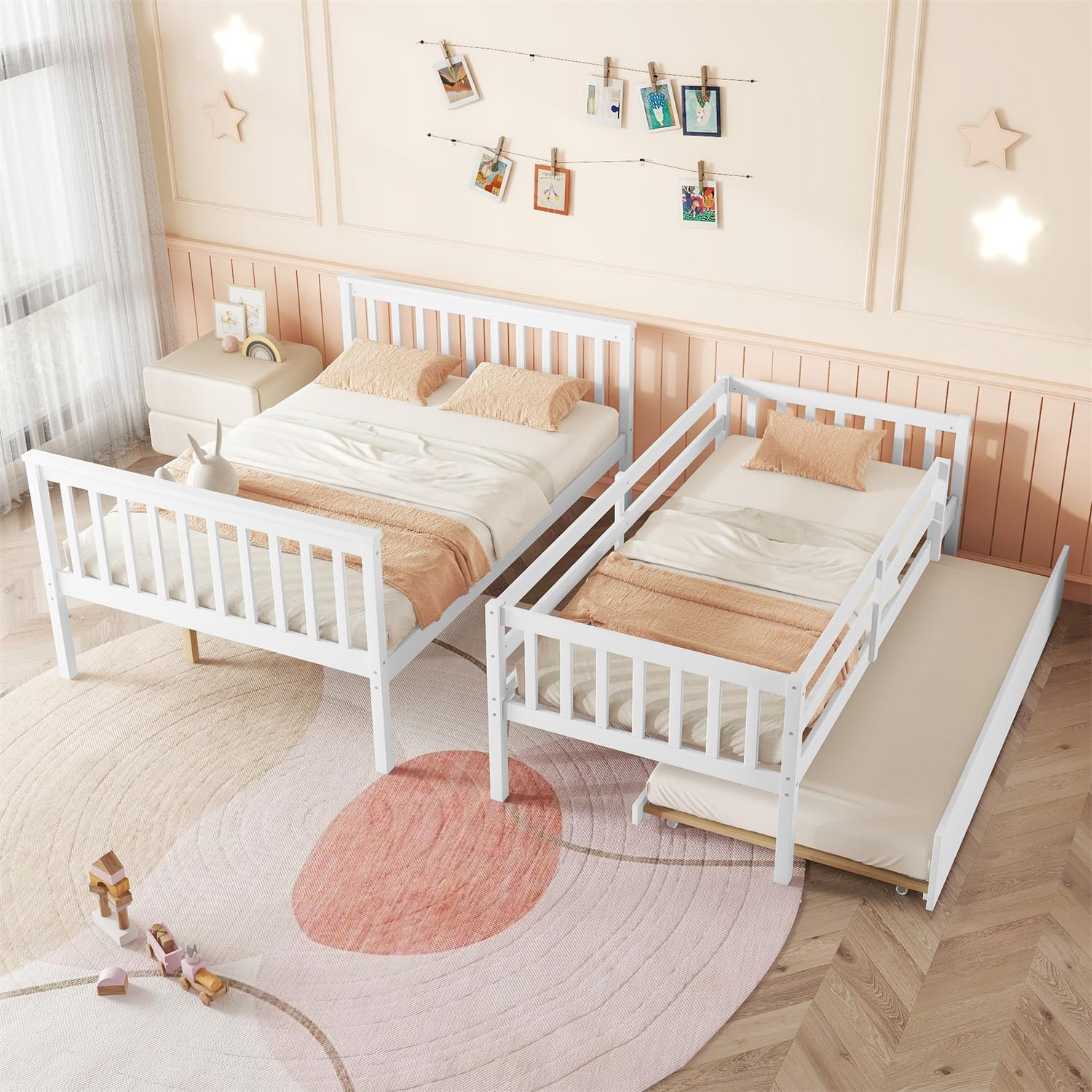 Merax Twin Over Full Bunk Bed with Twin Size Trundle and Reversible Ladder, Can be Separated to 2 Beds, Wooden Bunk Bed Frame, White