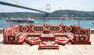 Red Arabic Floor Sofa Cover, Sectional Sofa, U Shaped Pallet Cushion, Ethnic Pillow Set, Indoor Sofa Set, Garden Sofa Set, Reading Pillow Set, Pull Out Sofa Bed, Couch Covers (U Sofa + Rug + Ottoman)