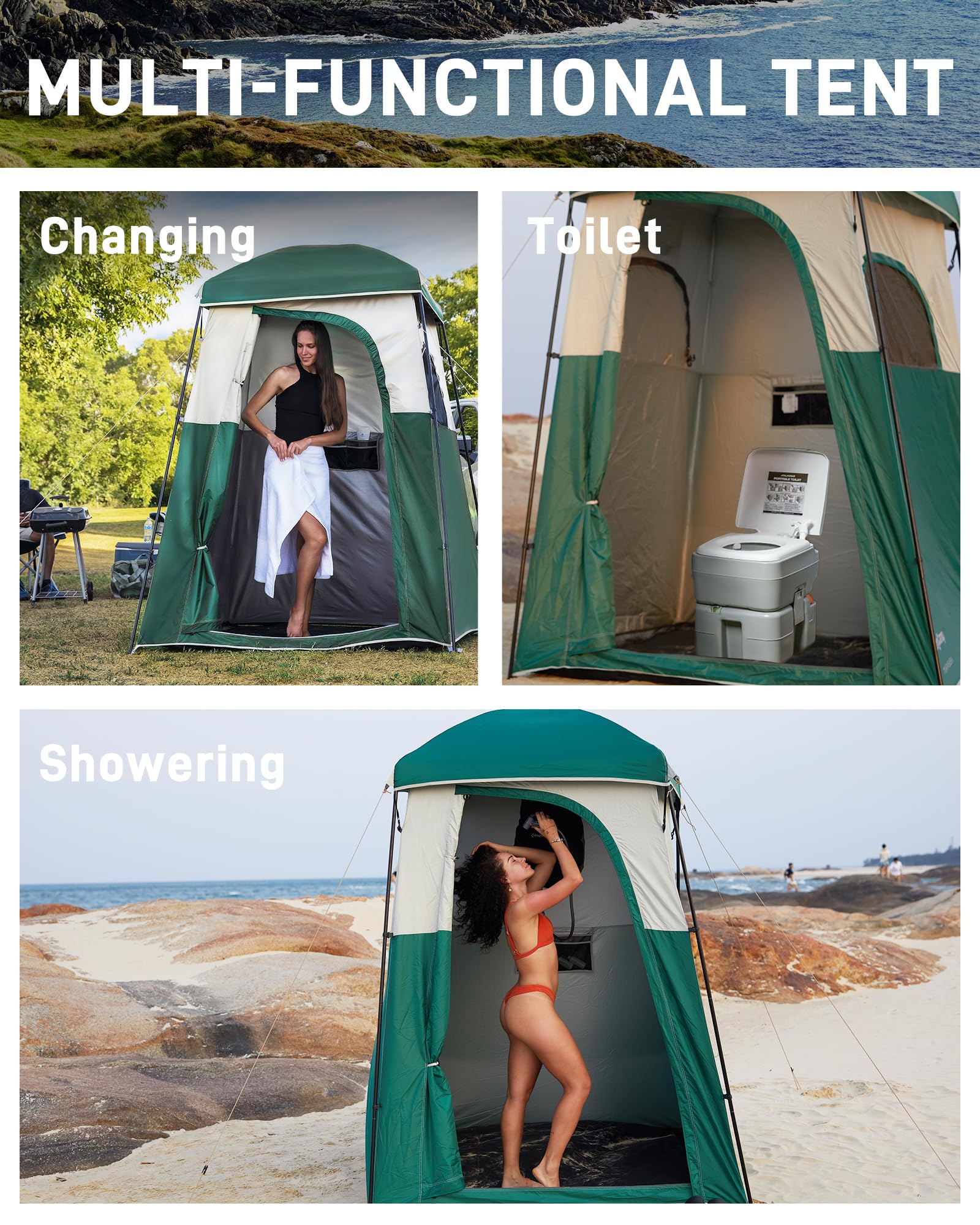 KingCamp Duschzelt, tragbares Sichtschutzzelt, Outdoor-Camping, 1/2 Zimmer, Toilettenzelte mit Duschtasche & Ankleidezimmer für Strand, Camping & Wandern