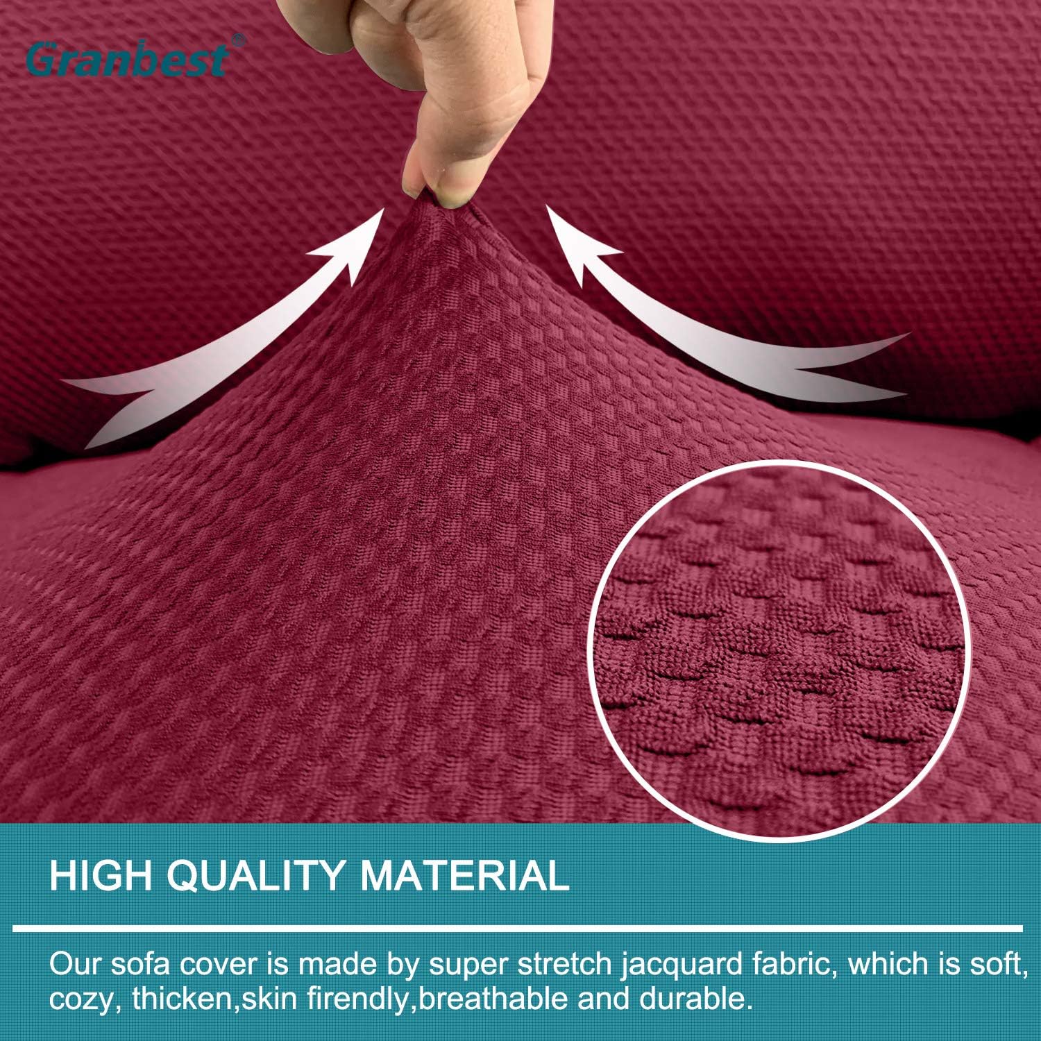 Granbest Stretch Recliner Cover 1 Piece Premium Thick Recliner Chair Cover with Pockets Jacquard Recliner Slipcover Furniture Protector with Elastic Bottom (Recliner, Wine Red)