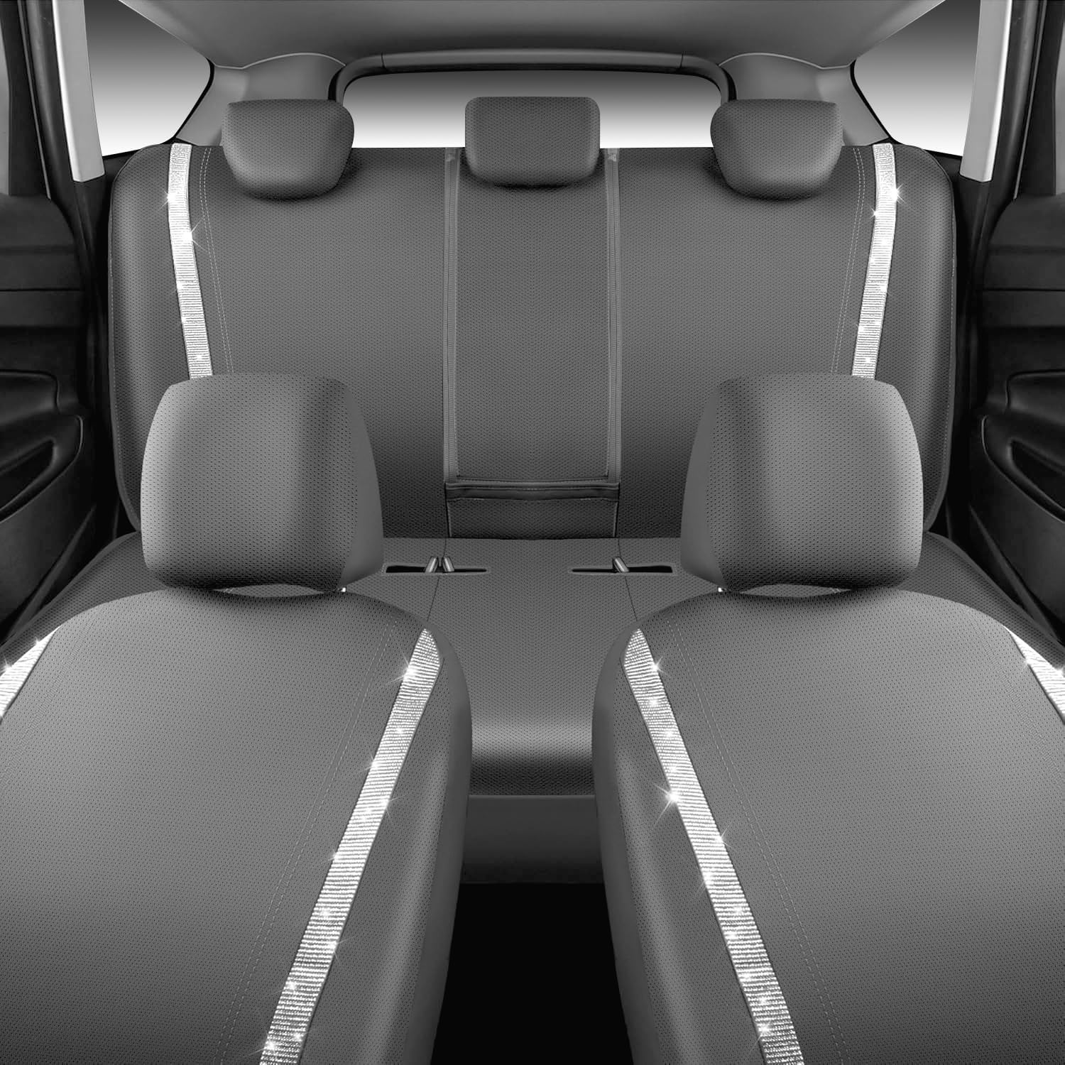 Color Grey CAR PASS Bling Car Seat Covers Full Set, Shining Glitter Rhinestone Diamond Waterproof Faux Leather Interior Sets Universal Fit Automotive Glitter Crystal Sparkle Strips for Cute Women Girl, Gray
