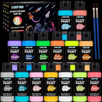 X ARTY HUB Glow in the Dark Paint Set, 15 Bright Colors 2 fl oz Each with 2 Brushes, UV Black Light & Luminous Acrylic Paint Set for Fabric, Plastic, Rocks, DIY Crafts, Wall Art, Outdoor Decor