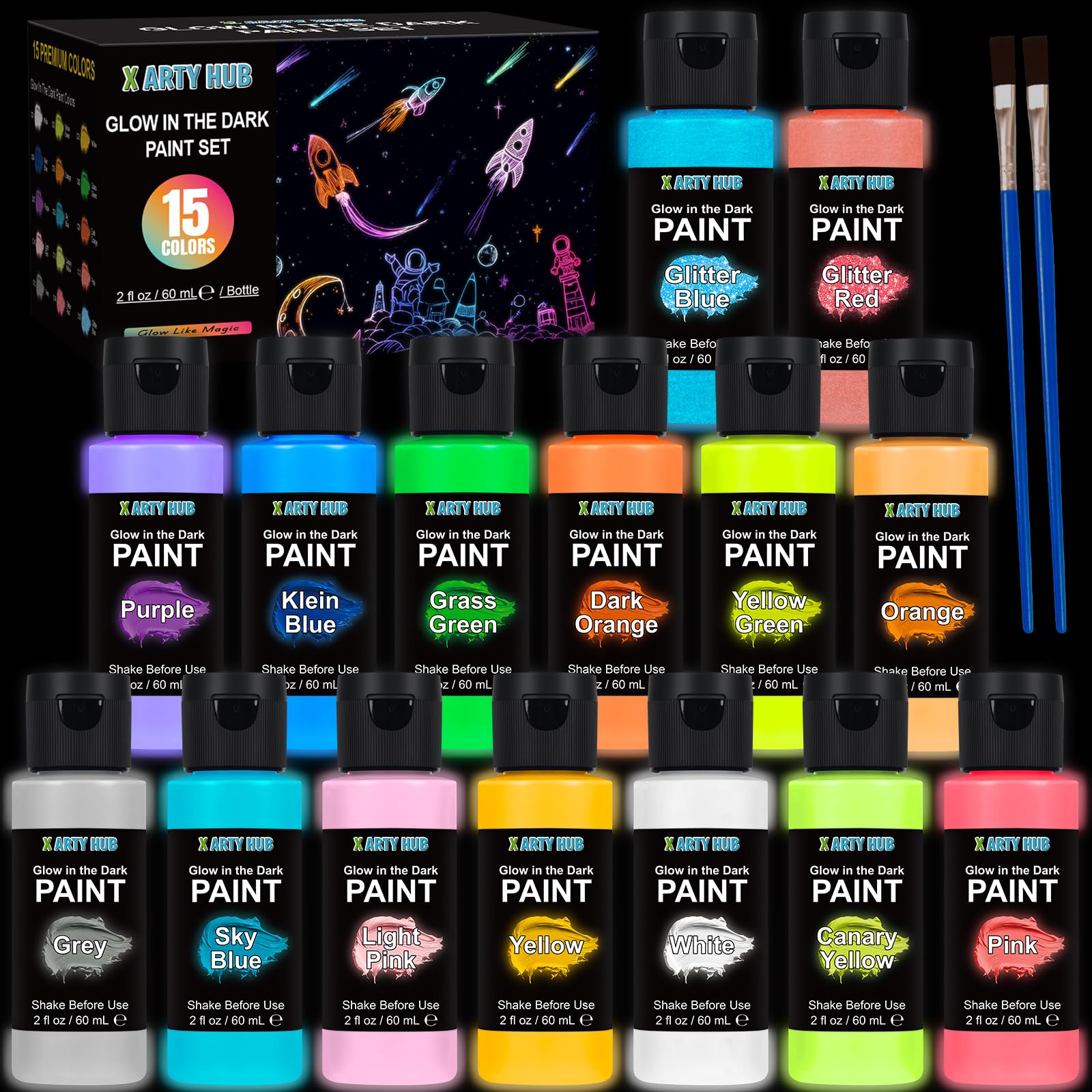 X ARTY HUB Glow in the Dark Paint Set, 15 Colors 60 ml, Black Light Paint