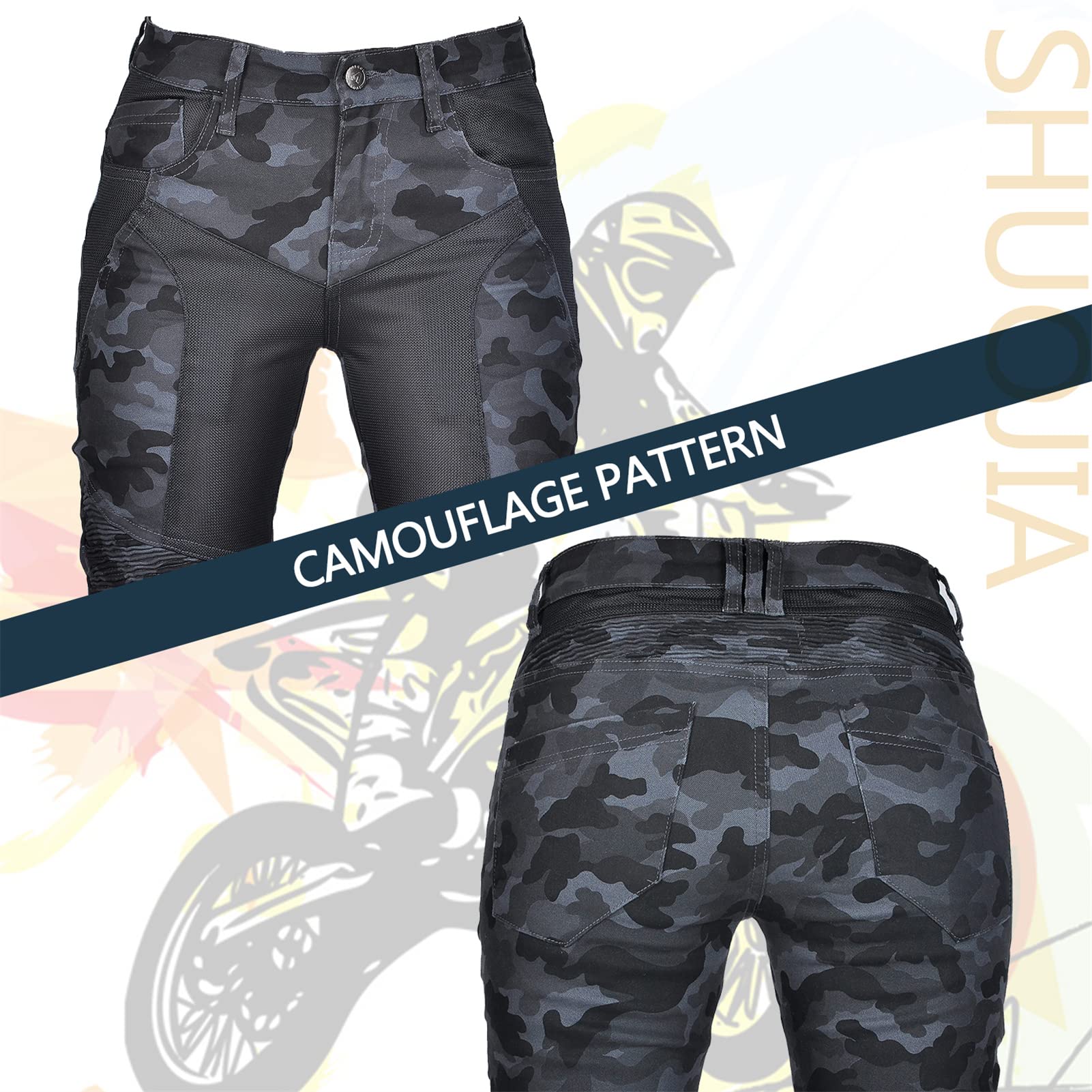 Damen Motorradjeans mit Camouflage-Denim-Hose mit atmungsaktivem Mesh und abnehmbaren Hüft- und Knieprotektoren Sommer (Blue,S)