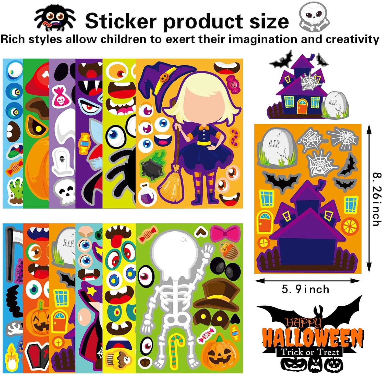 48 PCS Halloween Make-a-face Stickers Halloween Characters Stickers for Kids Make Your Own Mix and Match Sticker DIY Crafts Decorating Toy Sticker Trick or Treat Party Game Activities