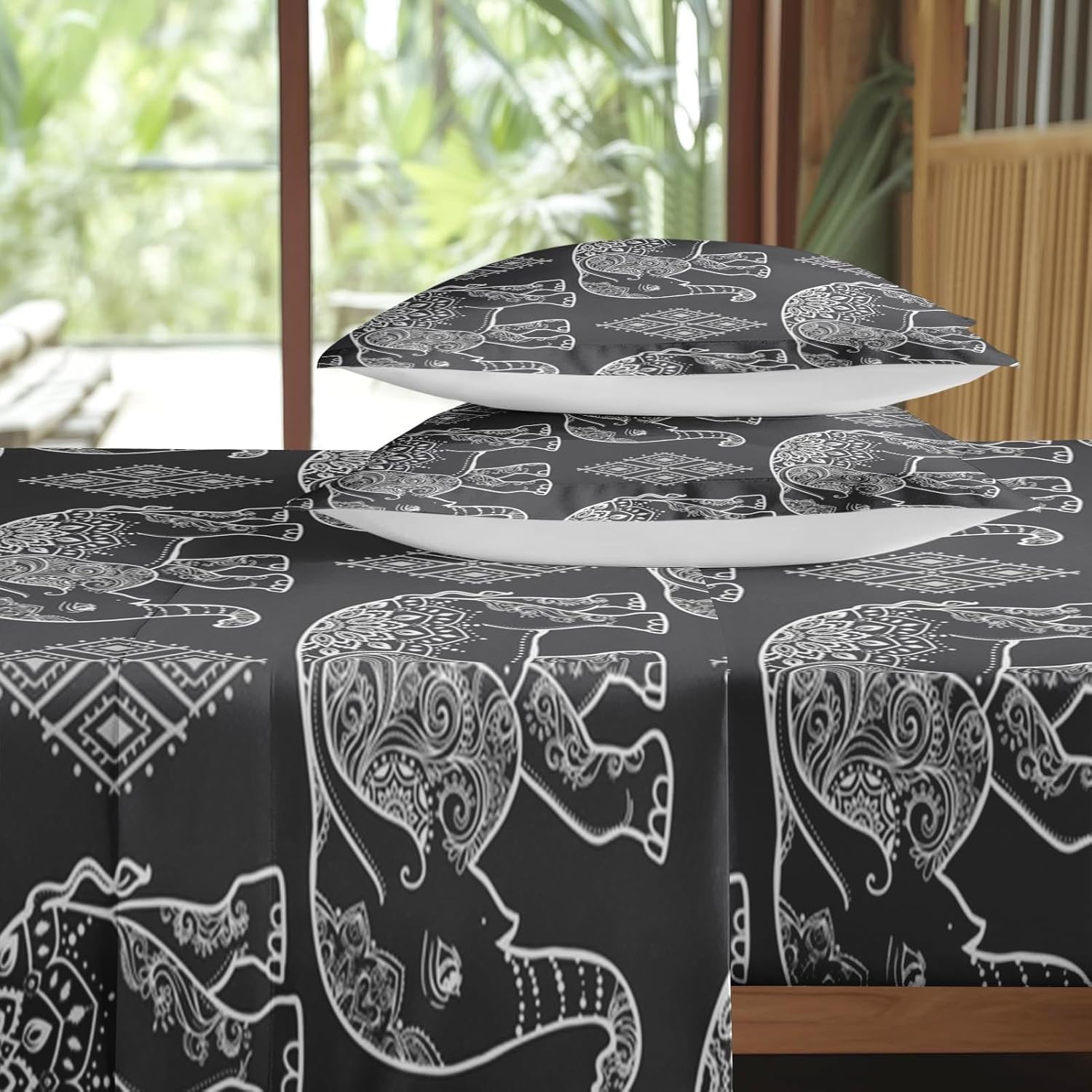 Pamnest Twin Size Bed Sheet Sets, Elephant Black White Boho Soft Microfiber 3 Pcs Bedding Sets for Kids and Adults Bedroom Bed Decor, Animal Ethnic Retro Flat, Fitted Sheet and Pillowcases