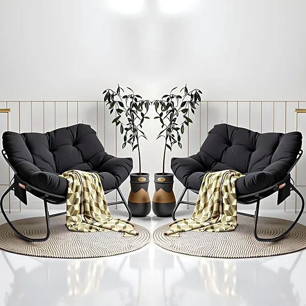 Outdoor Papasan Rocking Chair Set of 2, Indoor Oversized Patio Rocker Chairs with Cushion and Removable Side Pockets, Rocker Egg Chair for Bedroom, Living Room, Garden (Dark Grey, 33"W x 40"D x 28"H)