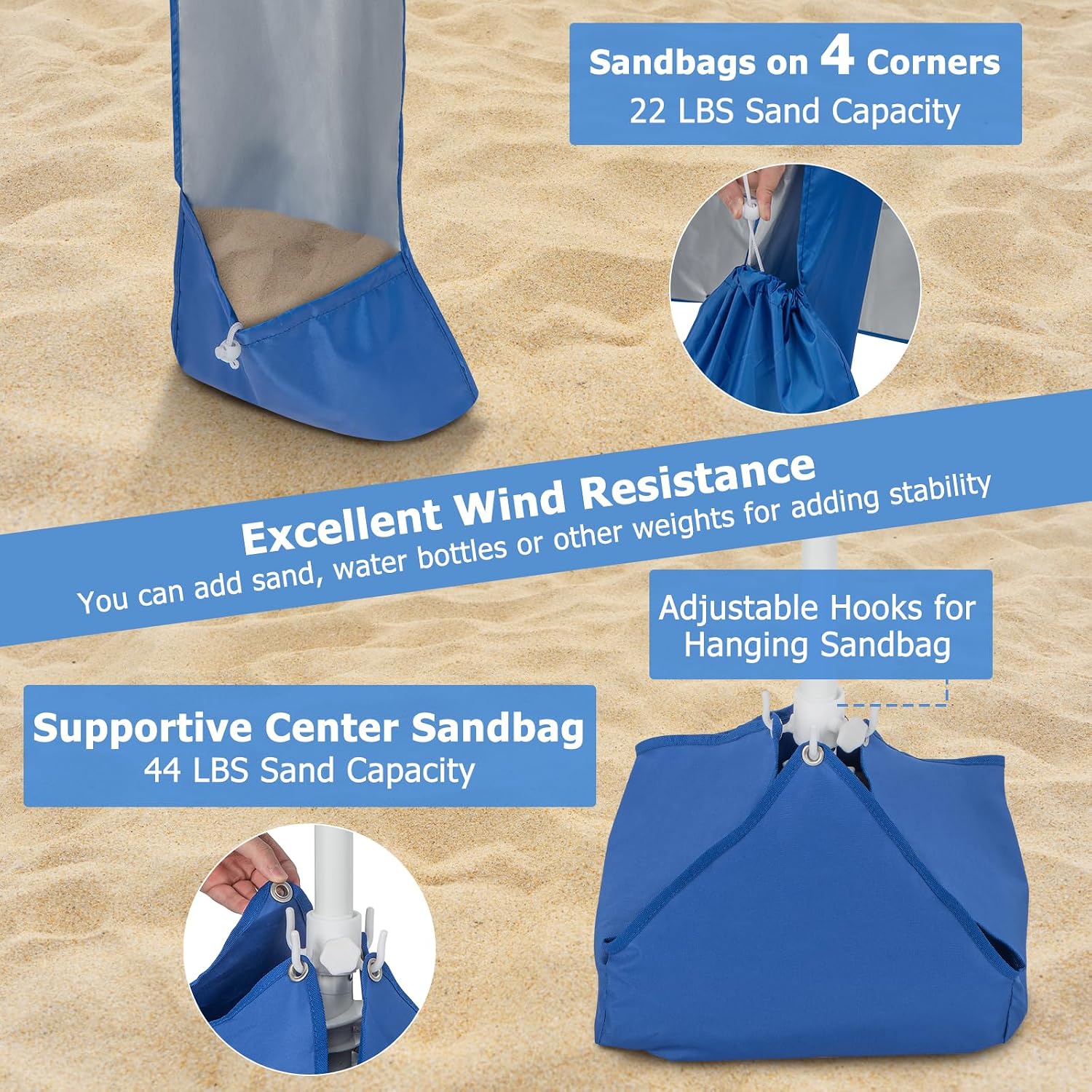 KOTEK 6.6'x6.6' Beach Cabana, Portable Beach Shade Canopy with Sand Anchor, Cup Holders & Sandbags, Included Detachable Side Wall & Carrying Bag, UPF 50+ Protection, Easy Setup, Beach Tent for Sand