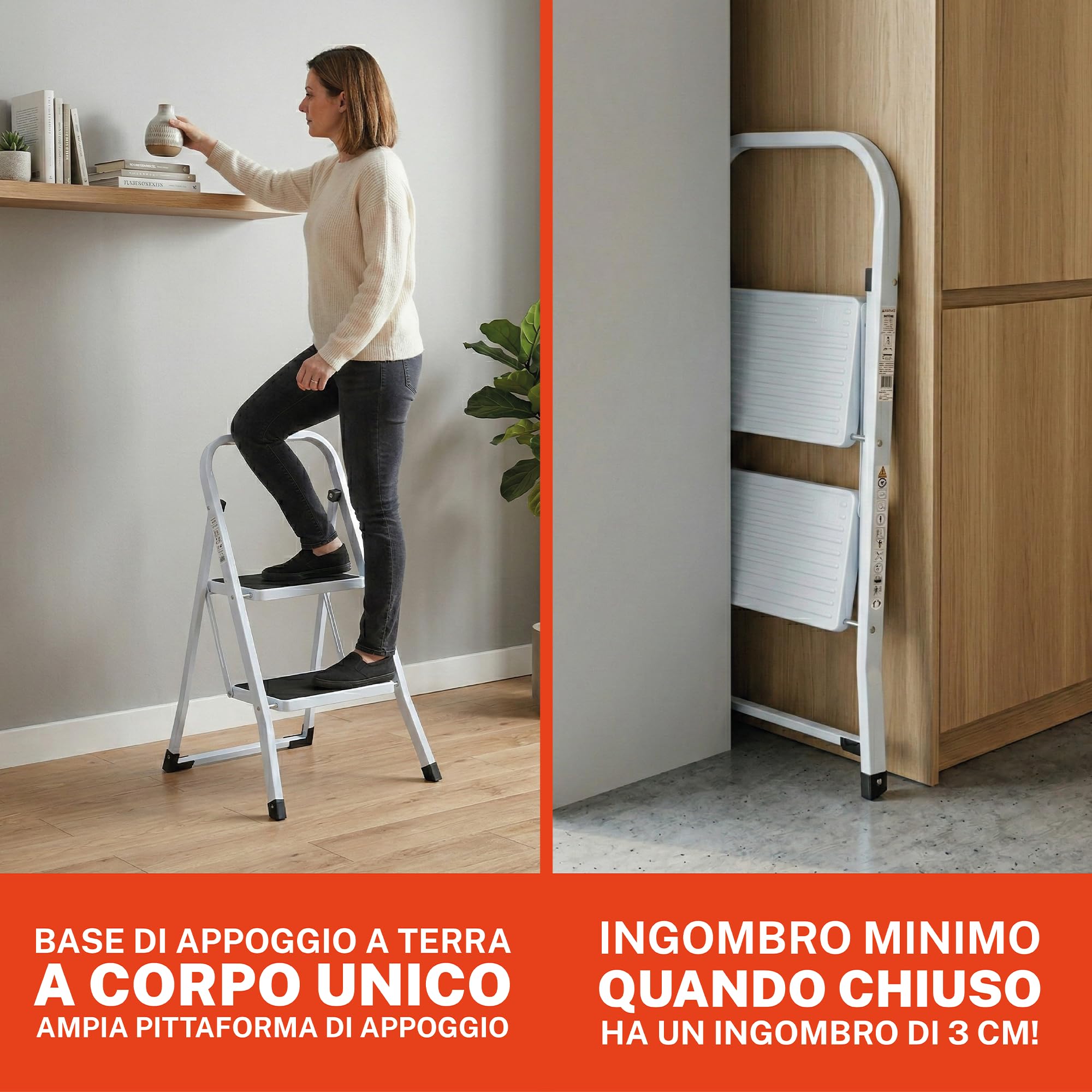 GIERRE Selecta Scaletta 2 Gradini in Acciaio 90H x 48 cm Scaletta Pieghevole Salvaspazio Ampia Superficie d'Appoggio del Gradino 20 x 30 cm Piedini Antiscivolo in Plastica