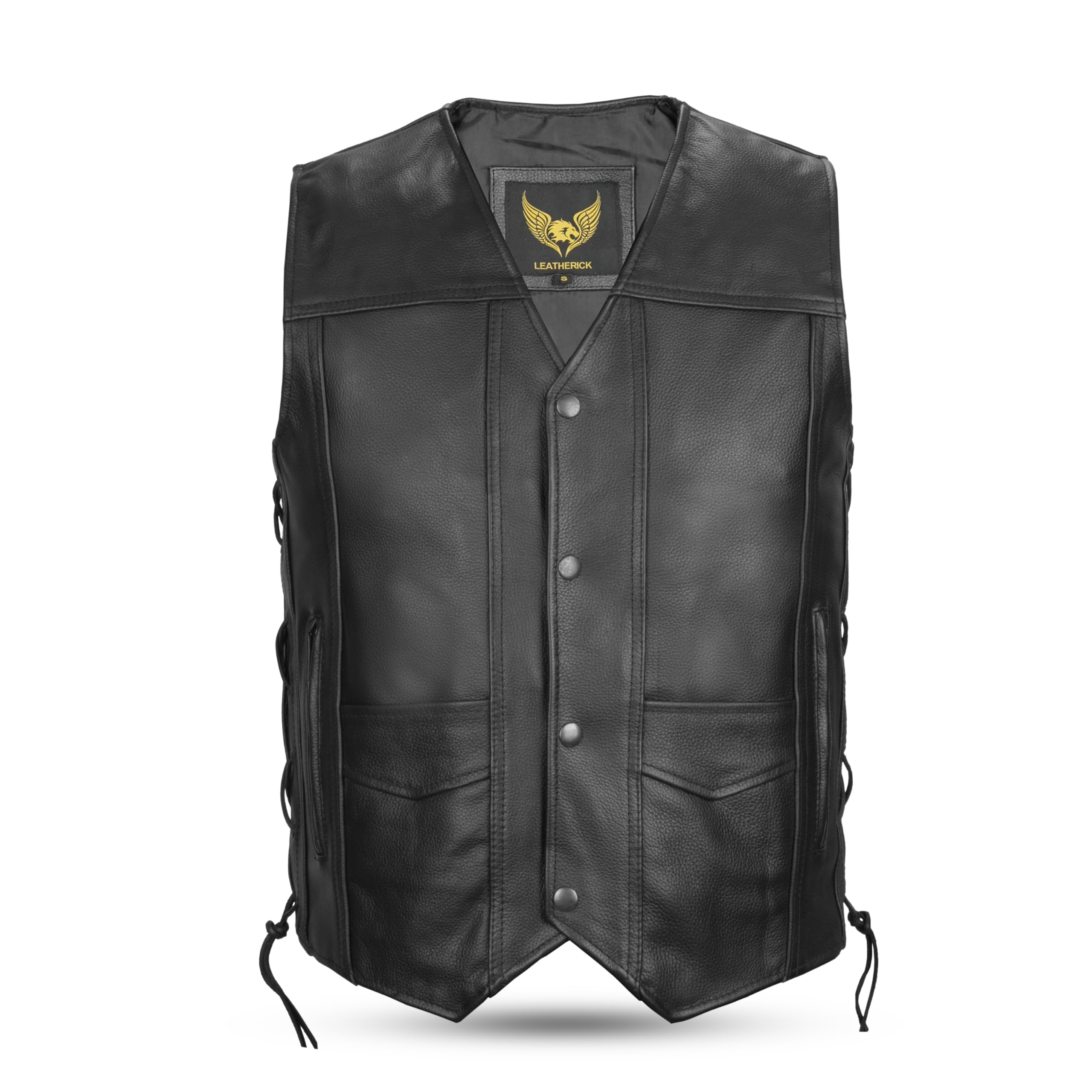 Leatherick Top-Grain Cuir De Vachette Gilet Cuir Biker en Véritable Pour Hommes Gilet Classique Noir Avec Lacets Latéraux et Poches De Transport Dissimulées