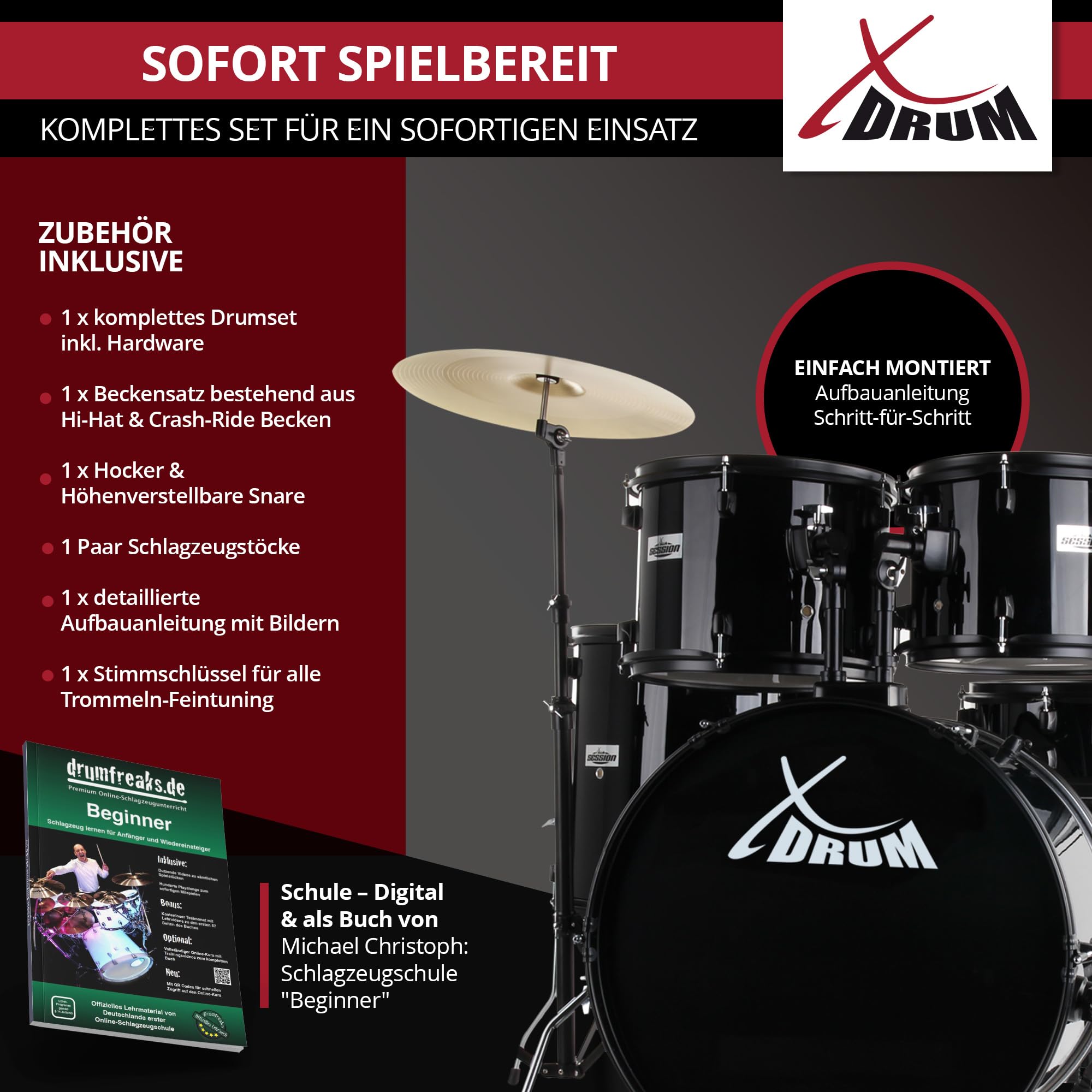 XDrum Rookie Schlagzeug Set Drumset Schwarz (20" BD, 10", 12", 14" TT, 14" SD, Übungsbecken bestehend aus einem Satz Hi-Hat-Becken 14" und 1 Crash-Ride-Becken 16", inkl. Schule & Schlagzeugdämpferset)